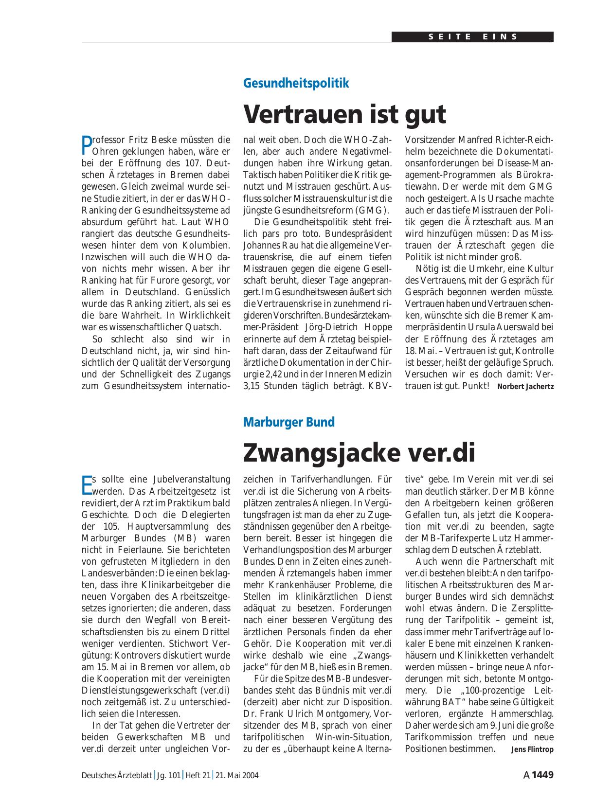 Vorschauseite 1: Gesundheitspolitik: Vertrauen ist gut