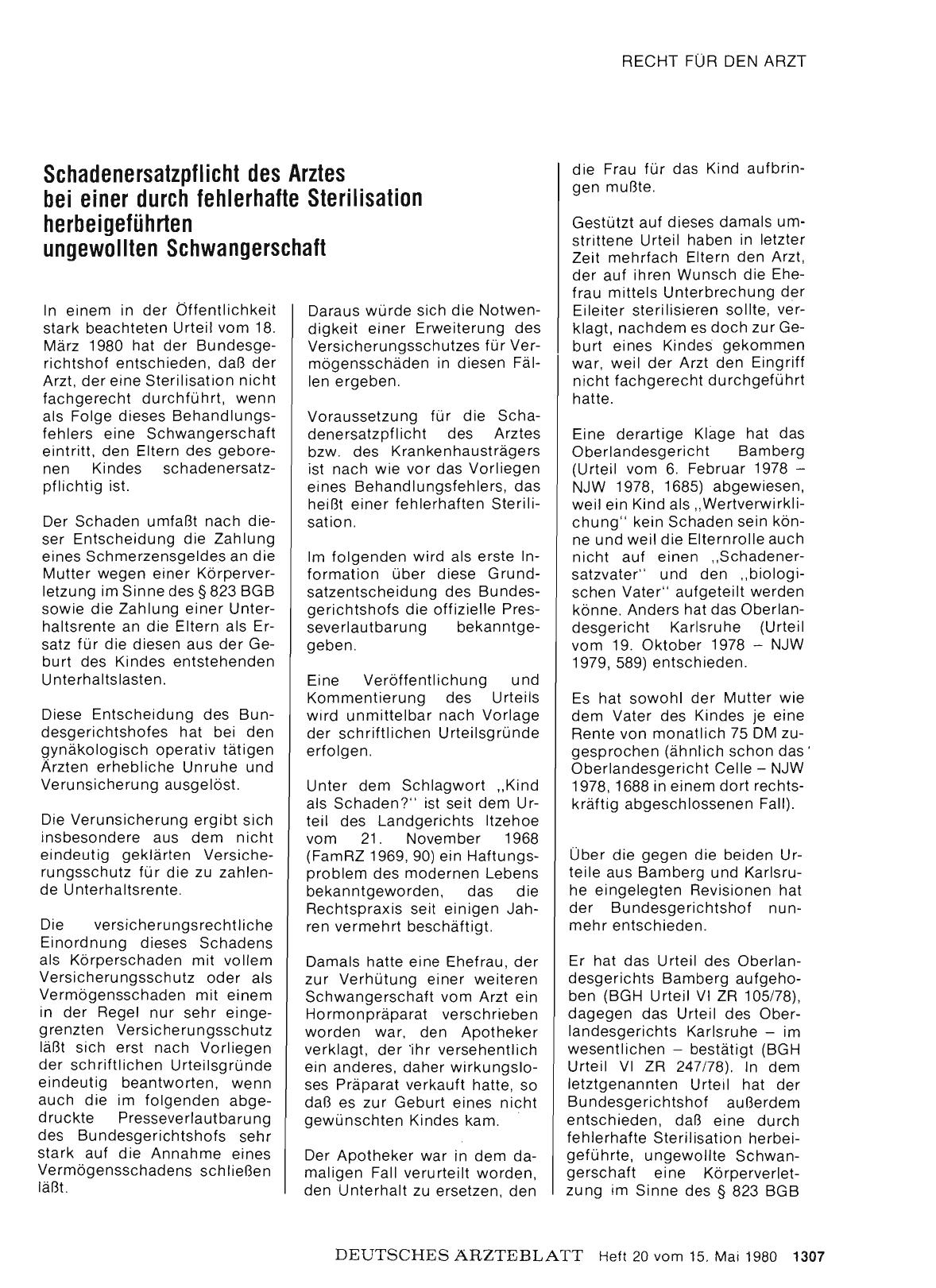 Vorschauseite 1: Schadenersatzpflicht des Arztes bei einer durch fehlerhafte Sterilisation herbeigeführten ungewollten Schwangerschaft