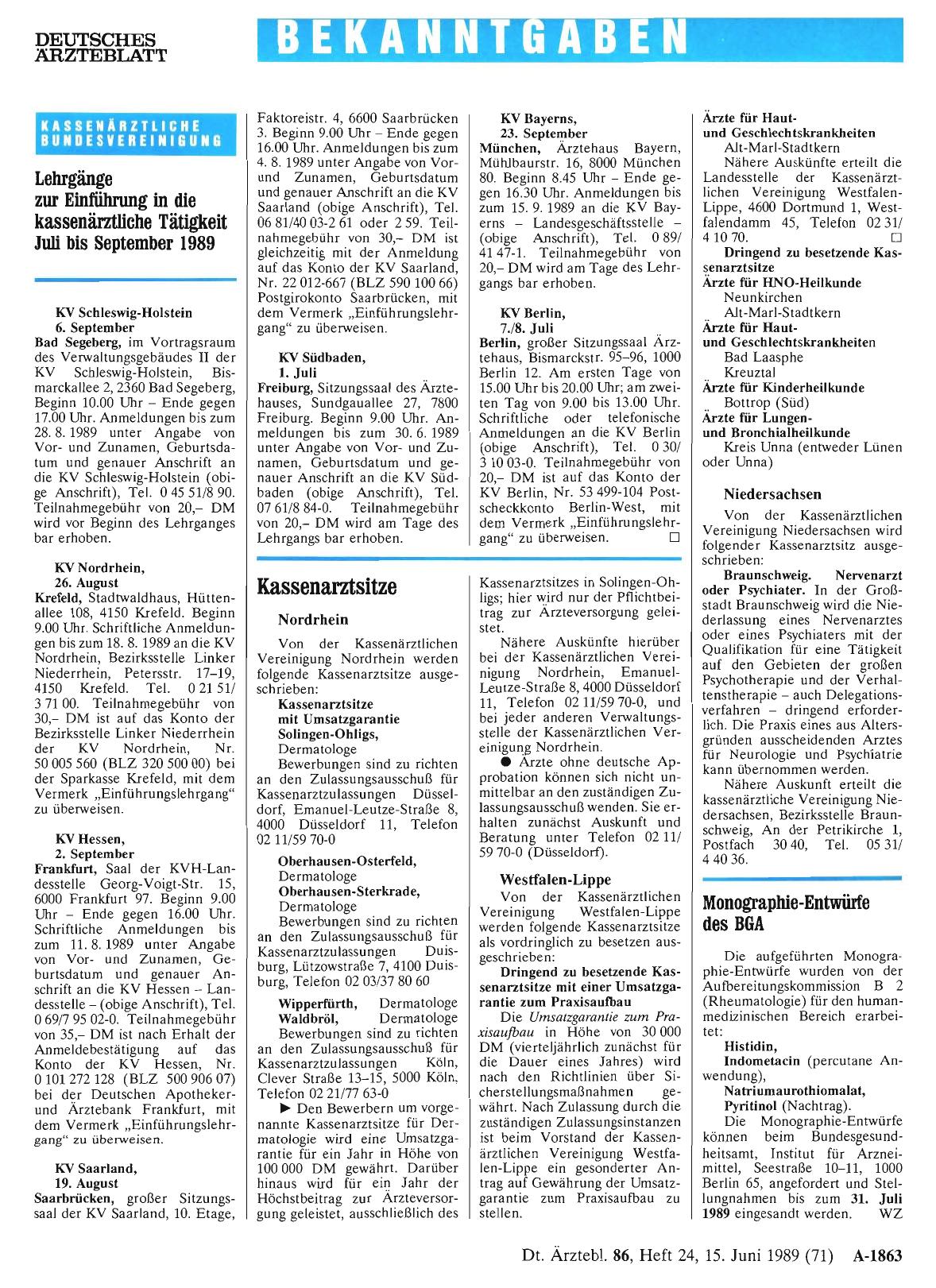 Vorschauseite 1: Lehrgänge zur Einführung in die kassenärztliche Tätigkeit Juli bis September 1989