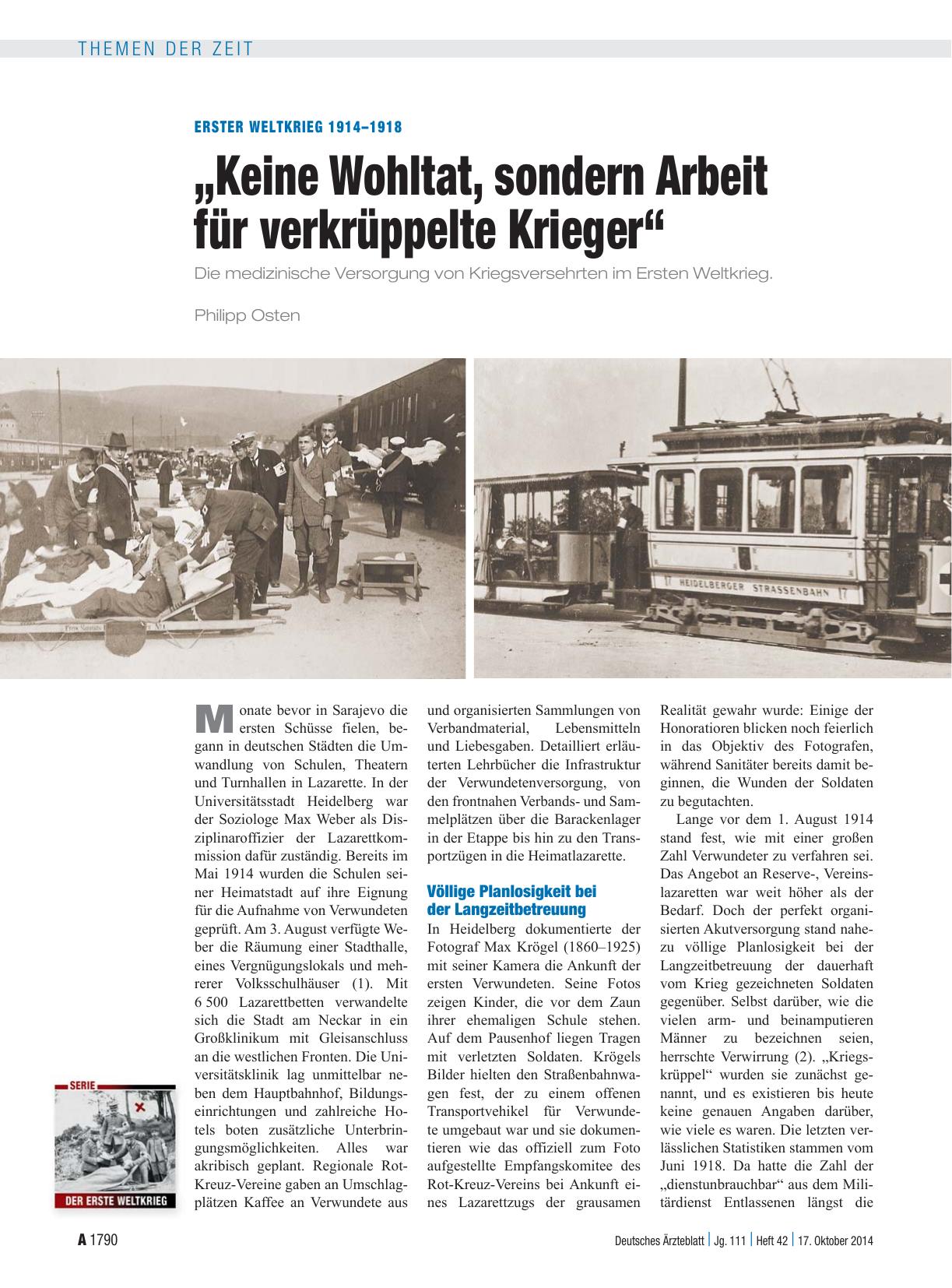 Vorschauseite 1: Erster Weltkrieg 1914–1918: „Keine Wohltat, sondern Arbeit für verkrüppelte Krieger“