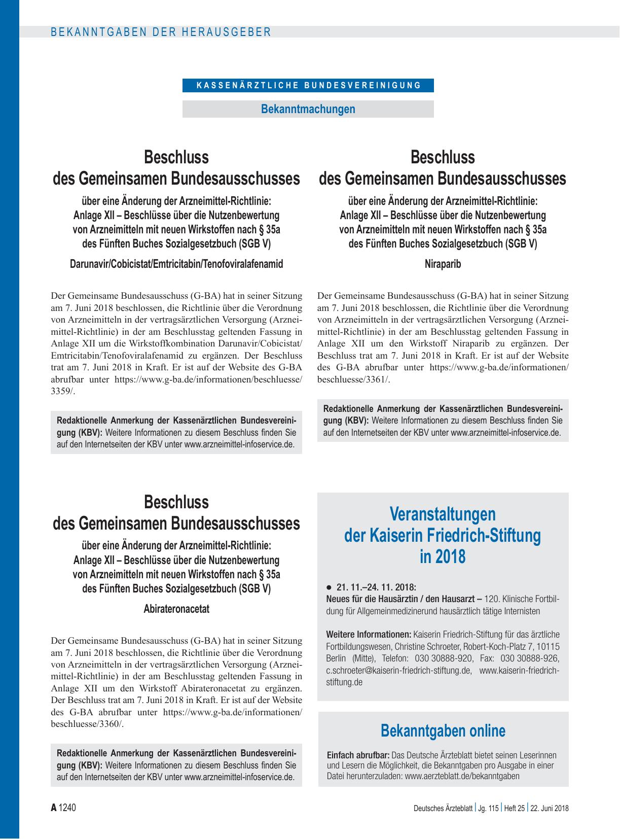 Vorschauseite 1: Beschluss des Gemeinsamen Bundesausschusses über eine Änderung der Arzneimittel-Richtlinie: Anlage XII – Darunavir/Cobicistat/Emtricitabin/Tenofoviralafenamid