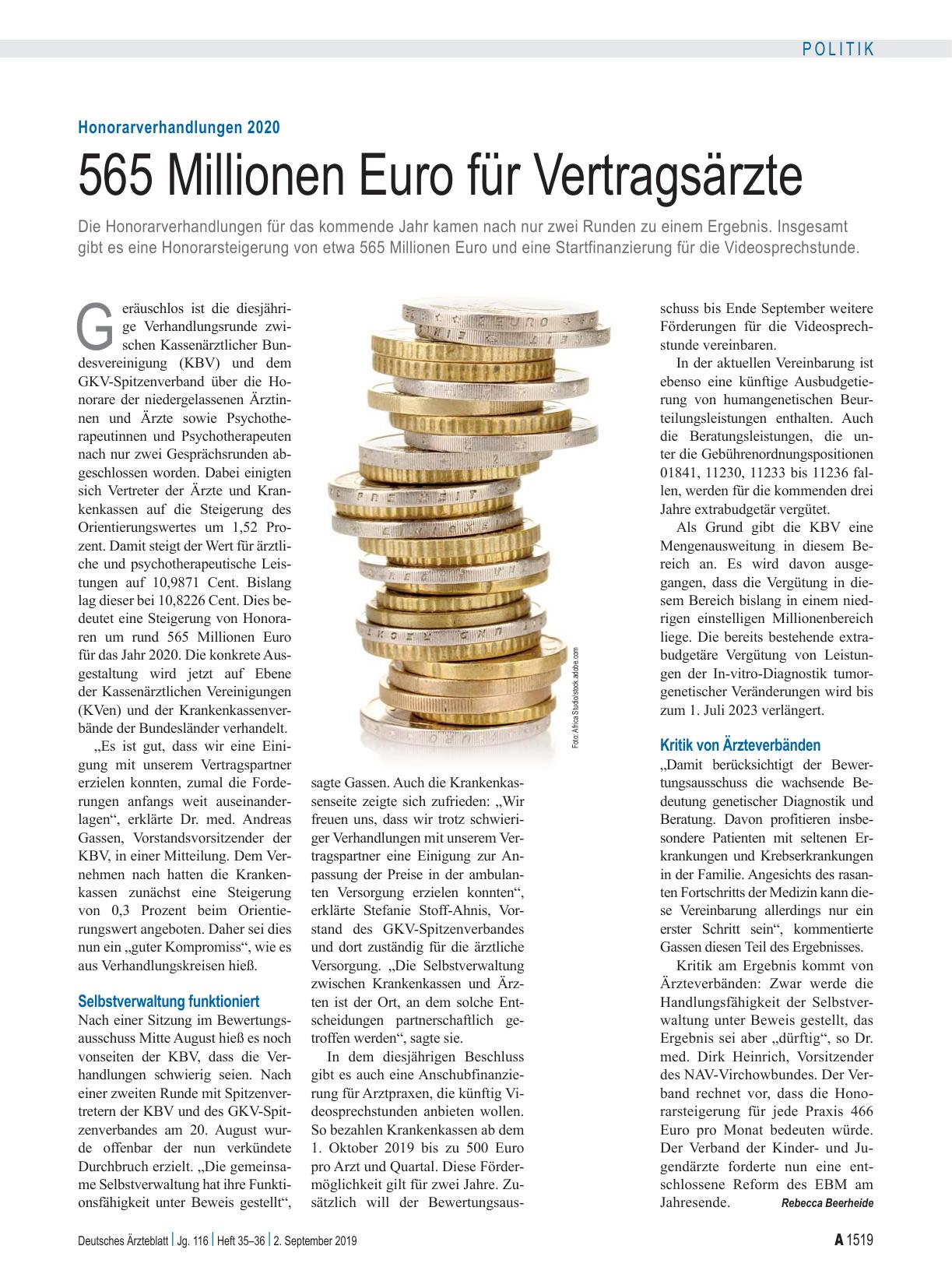 Vorschauseite 1: Honorarverhandlungen 2020: 565 Millionen Euro für Vertragsärzte