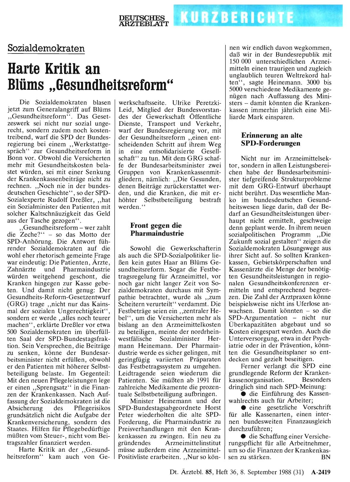 Vorschauseite 1: Sozialdemokraten: Harte Kritik an Blüms „Gesundheitsreform“