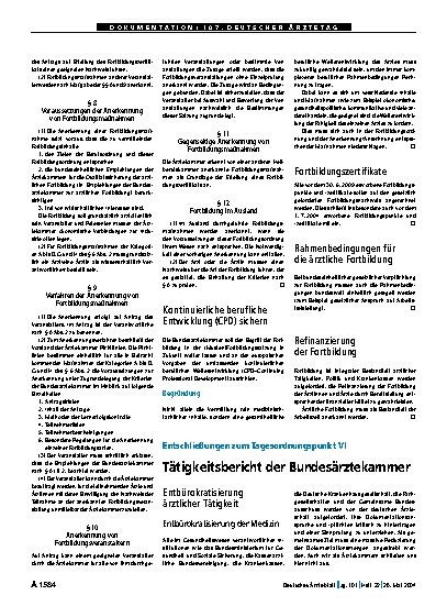Vorschauseite 1: Entschließungen zum Tagesordnungspunkt VI: Tätigkeitsbericht der Bundesärztekammer (Teil 2)
