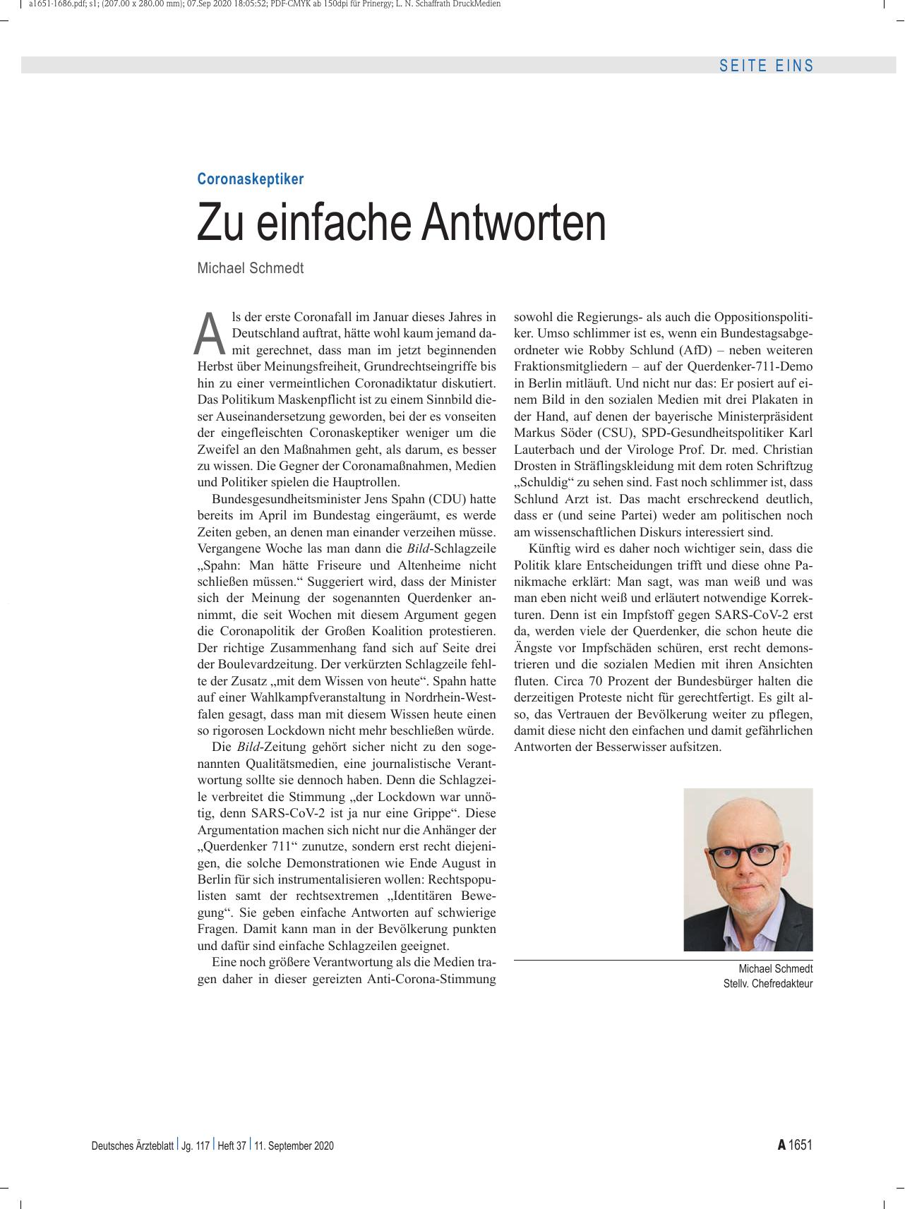 Vorschauseite 1: Coronaskeptiker: Zu einfache Antworten