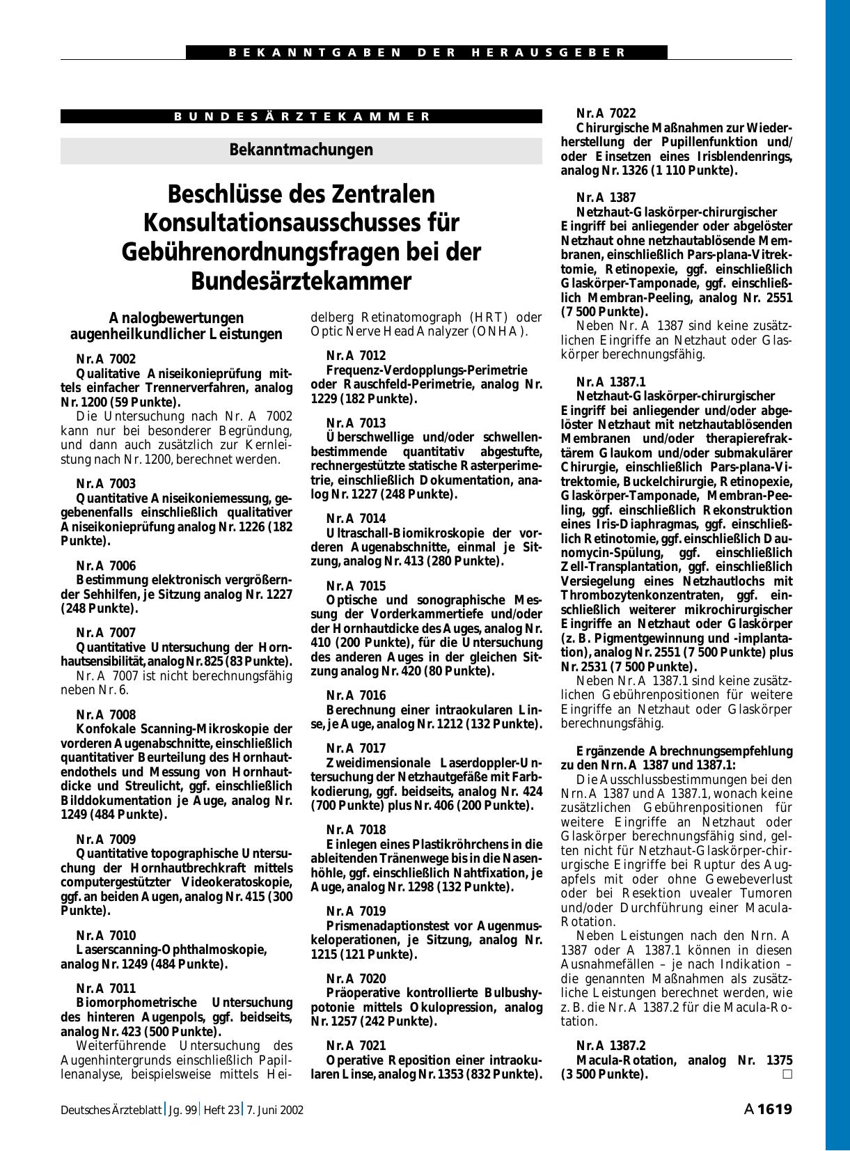 Vorschauseite 1: Bekanntmachungen: Beschlüsse des Zentralen Konsultationsausschusses für Gebührenordnungsfragen bei der Bundesärztekammer