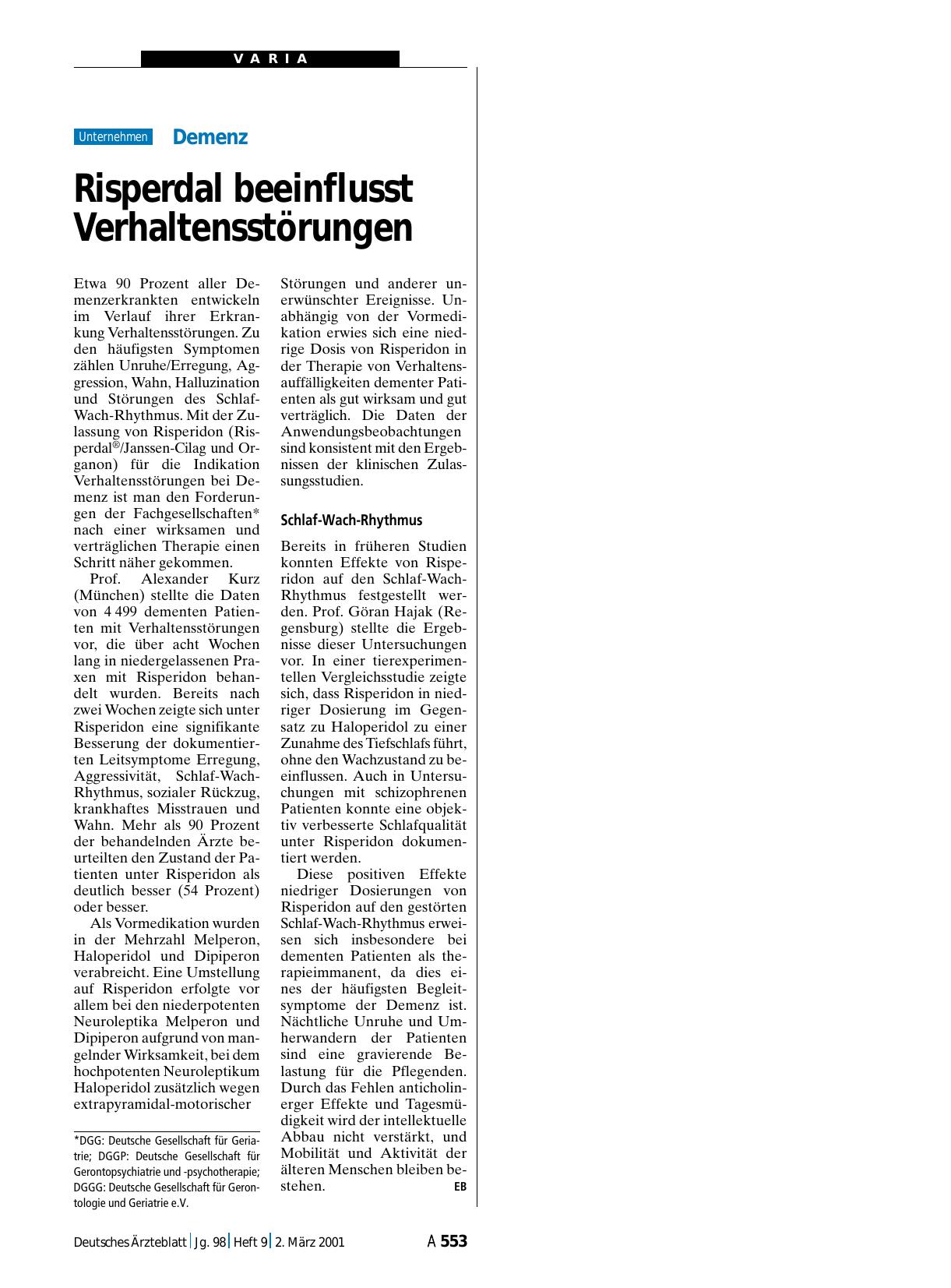 Vorschauseite 1: Demenz: Risperdal beeinflusst Verhaltensstörungen