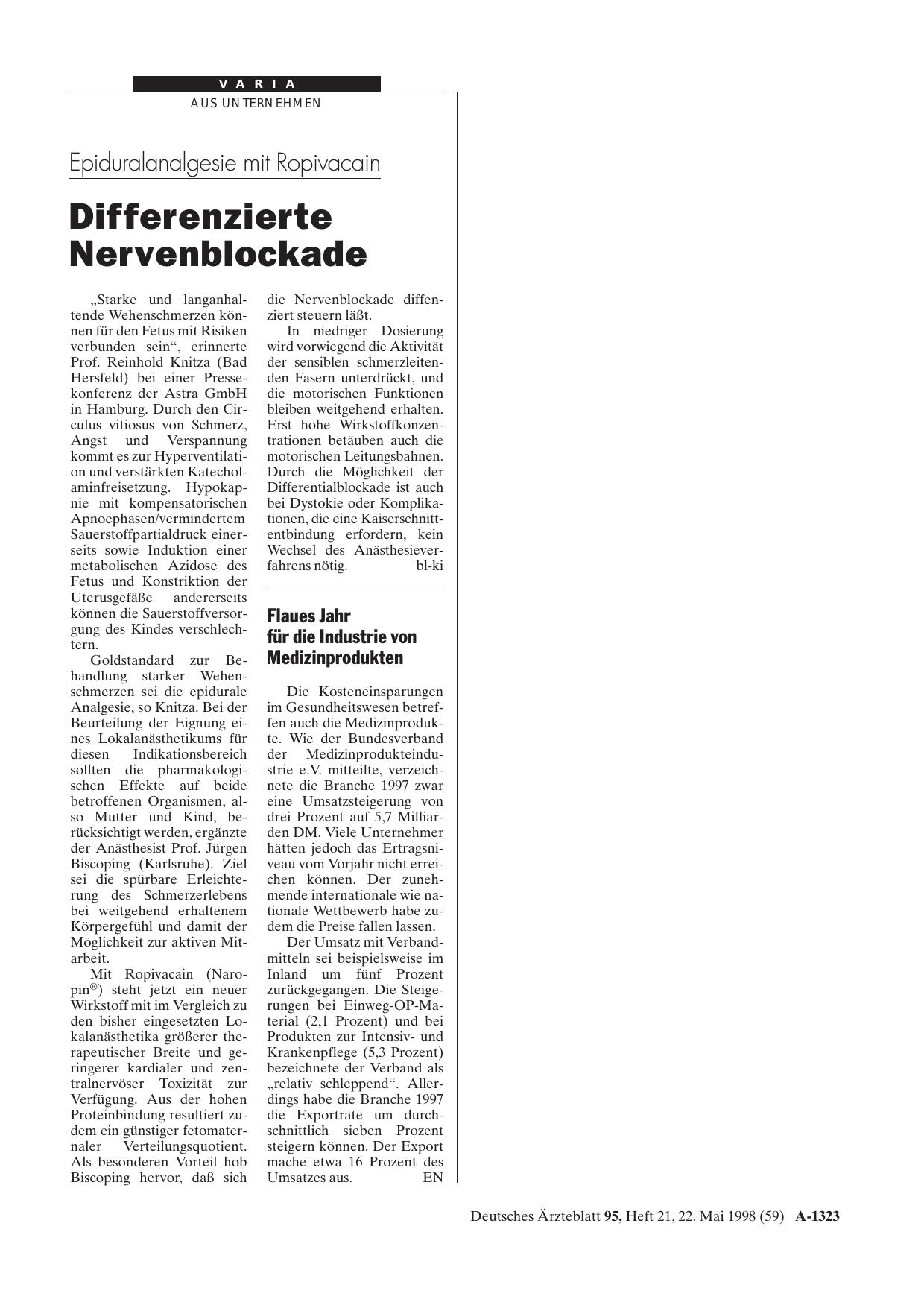 Vorschauseite 1: Epiduralanalgesie mit Ropivacain: Differenzierte Nervenblockade