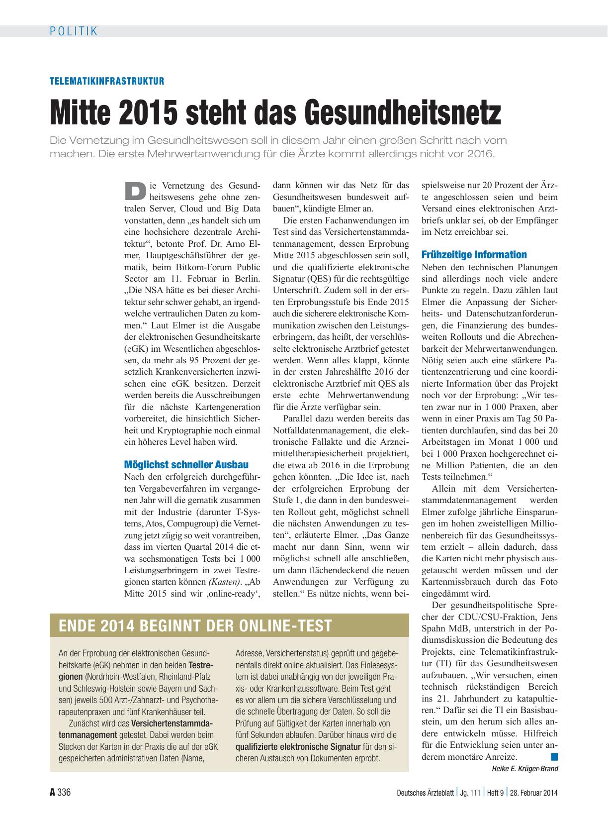 Vorschauseite 1: Telematikinfrastruktur: Mitte 2015 steht das Gesundheitsnetz