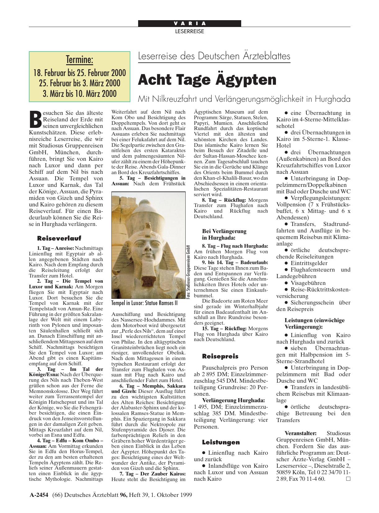 Vorschauseite 1: Leserreise des Deutschen Ärzteblattes: Acht Tage Ägypten