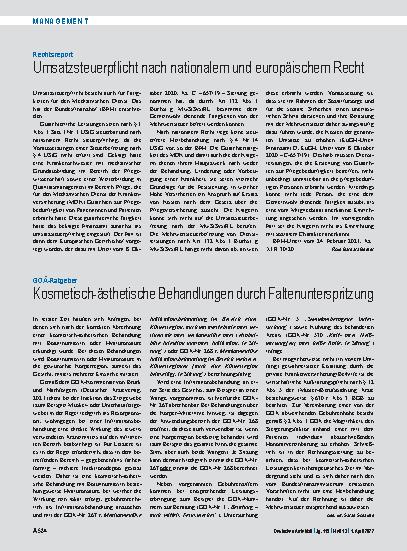 Vorschauseite 1: GOÄ-Ratgeber: Kosmetisch-ästhetische Behandlungen durch Faltenunterspritzung