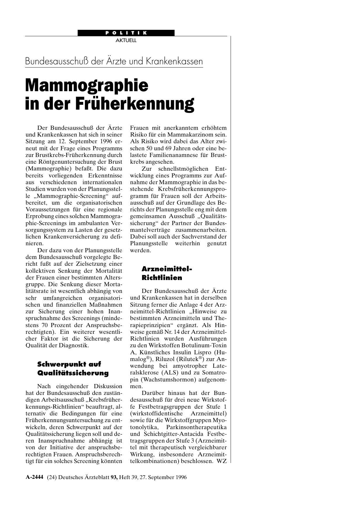 Vorschauseite 1: Bundesausschuß der Ärzte und Krankenkassen: Mammographie in der Früherkennung