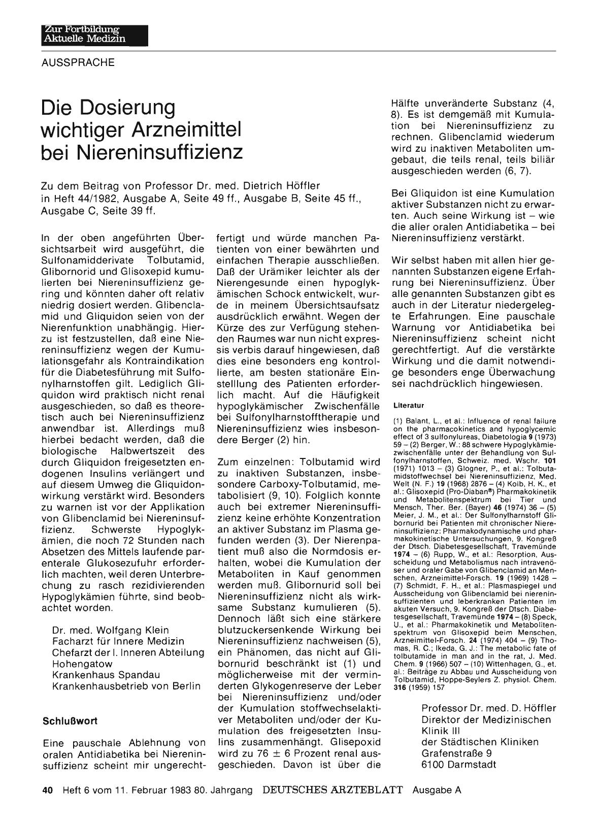 Vorschauseite 1: Die Dosierung wichtiger Arzneimittel bei Niereninsuffizienz: I.