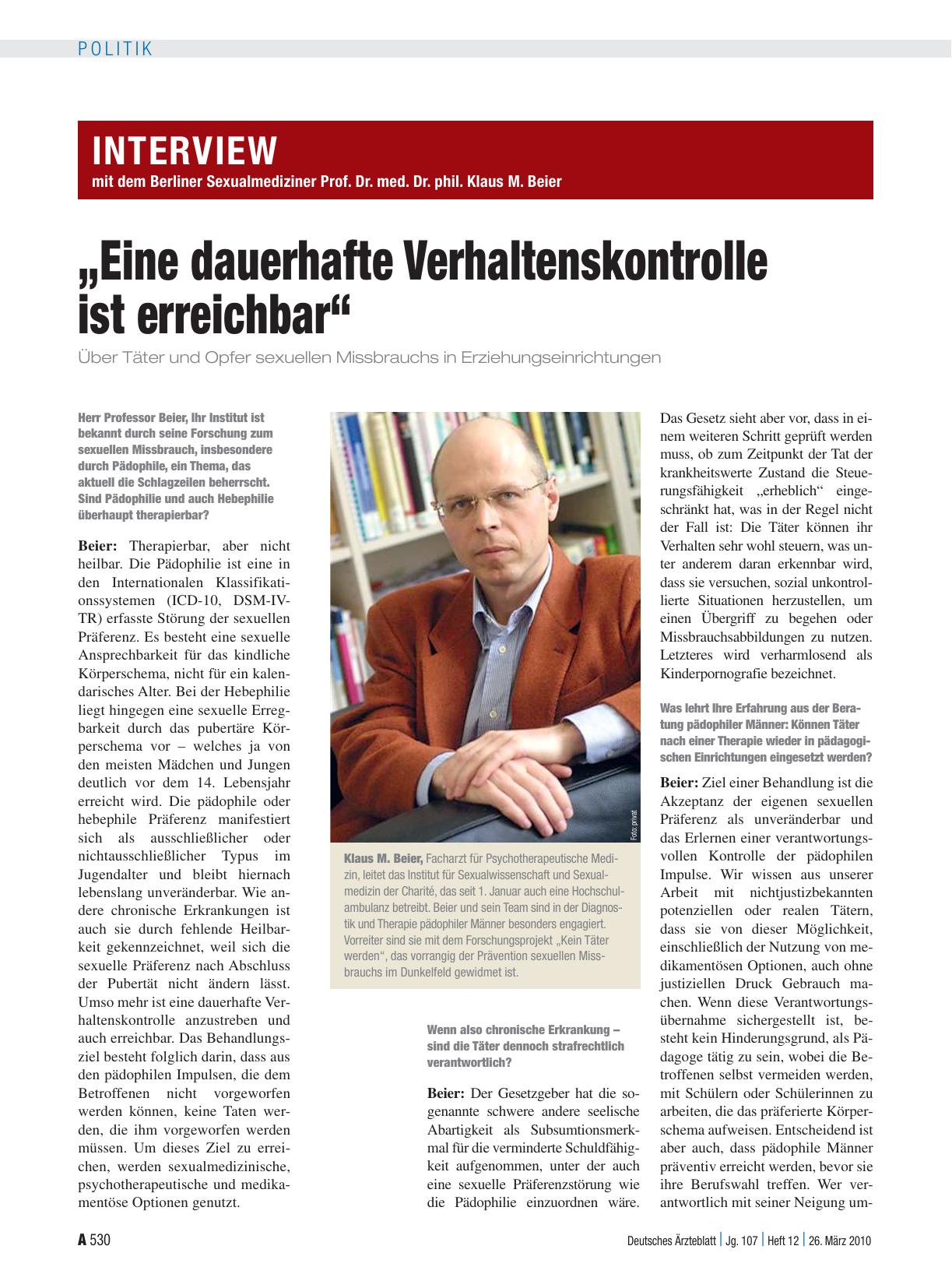 Vorschauseite 1: Interview mit dem Berliner Sexualmediziner Prof. Dr. med. Dr. phil. Klaus M. Beier: „Eine dauerhafte Verhaltenskontrolle ist erreichbar“