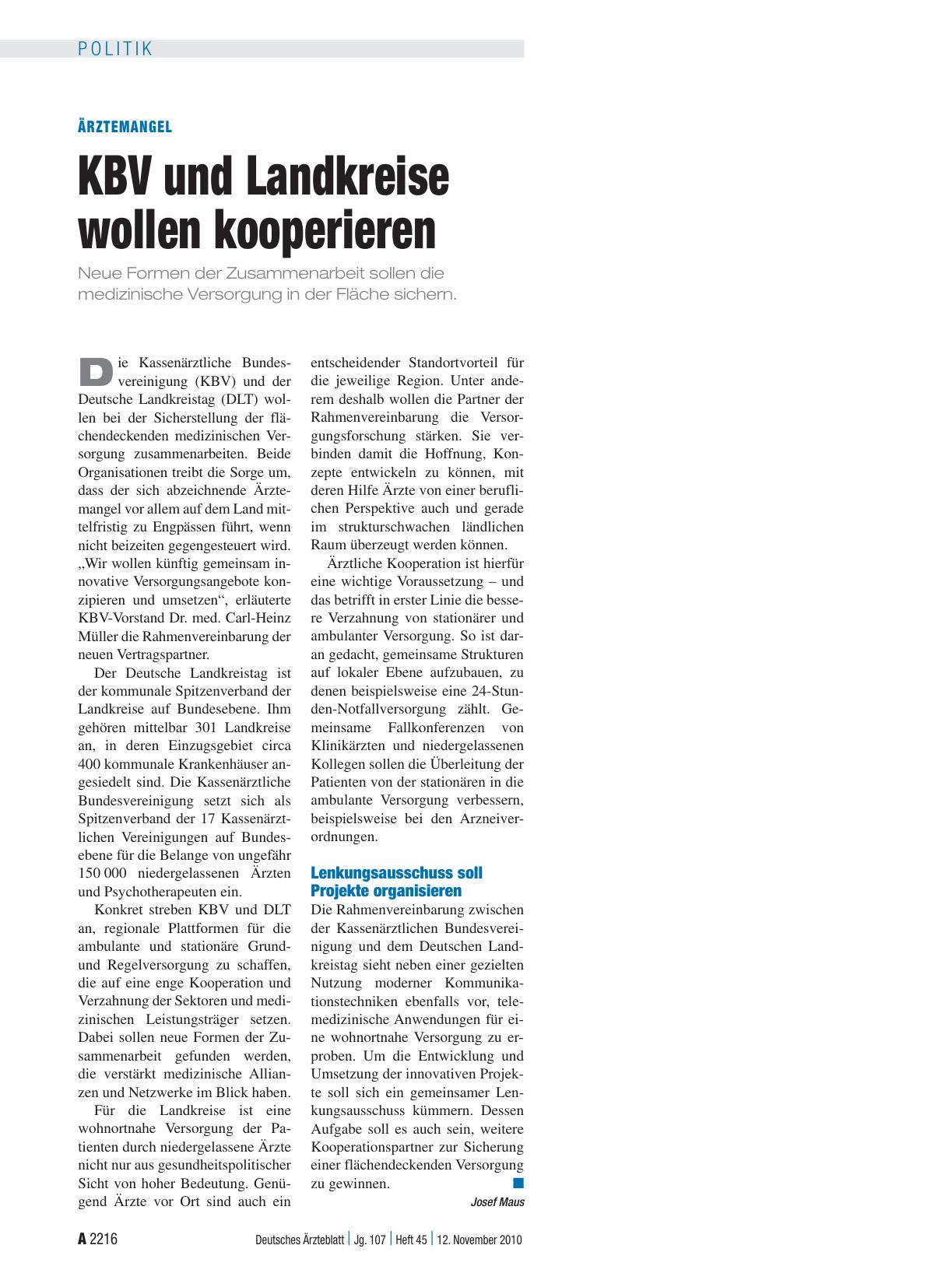 Vorschauseite 1: Ärztemangel: KBV und Landkreise wollen kooperieren