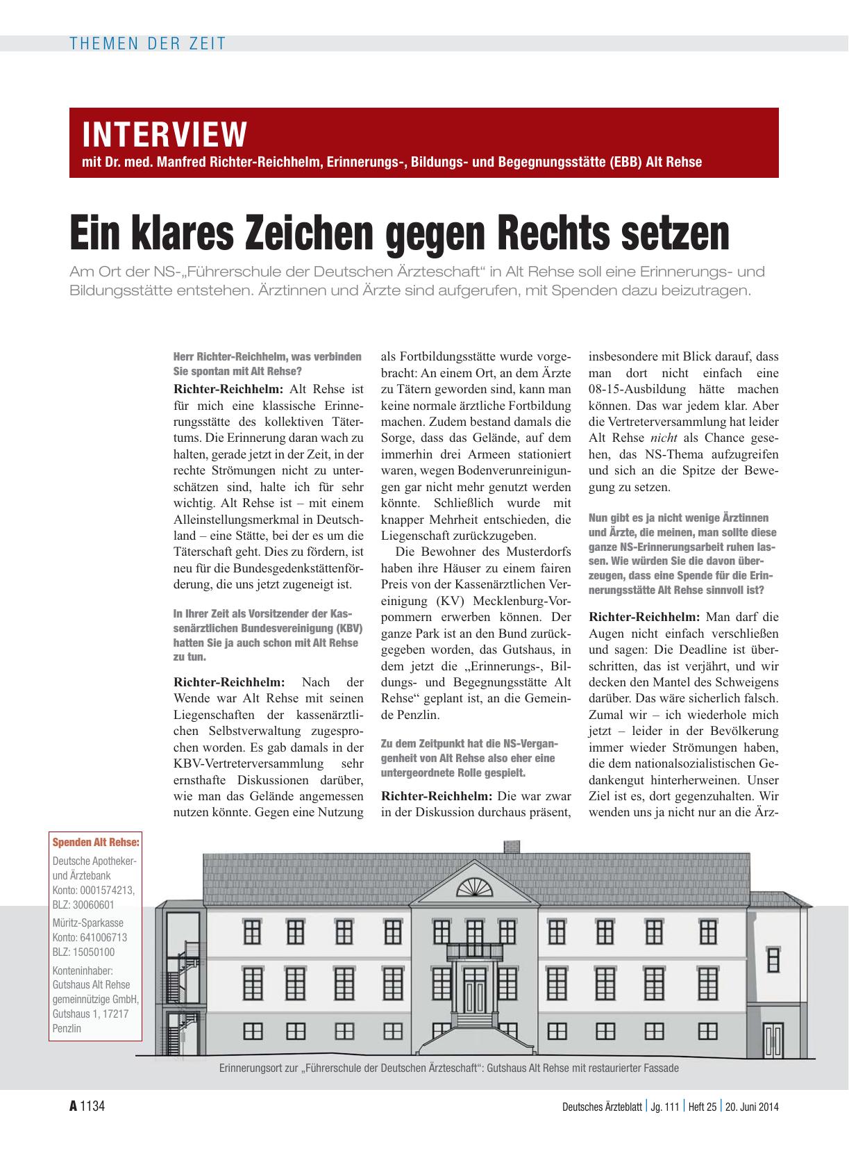 Vorschauseite 1: Interview mit Dr. med. Manfred Richter-Reichhelm, Erinnerungs-, Bildungsund Begegnungsstätte (EBB) Alt Rehse: Ein klares Zeichen gegen Rechts setzen