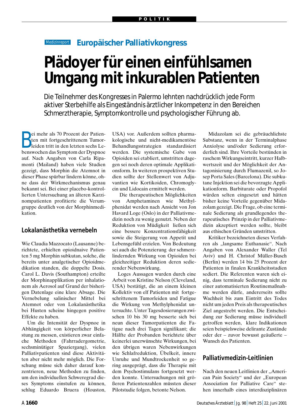 Vorschauseite 1: Europäischer Palliativkongress: Plädoyer für einen einfühlsamen Umgang mit inkurablen Patienten