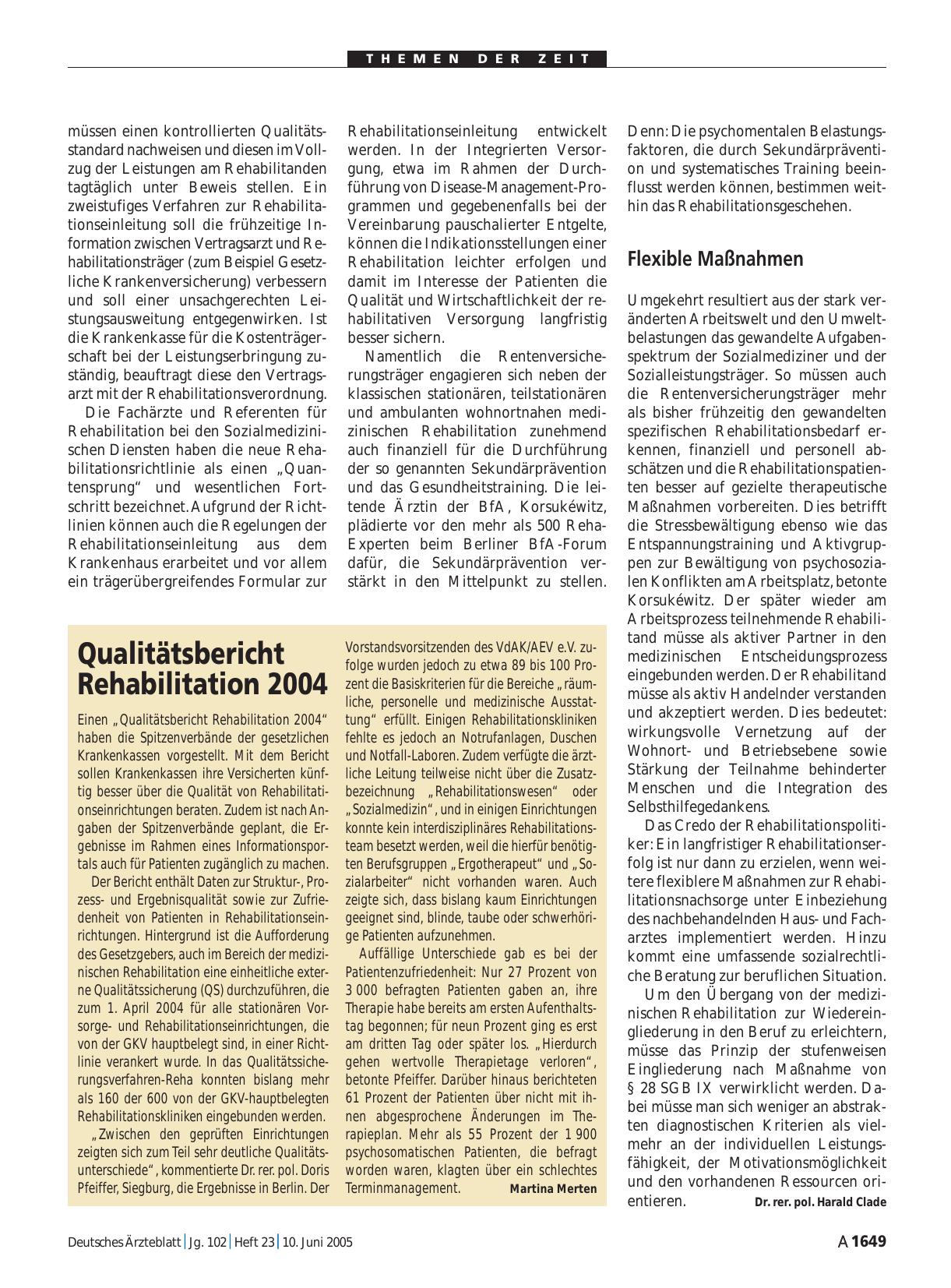 Vorschauseite 1: Qualitätsbericht: Rehabilitation 2004