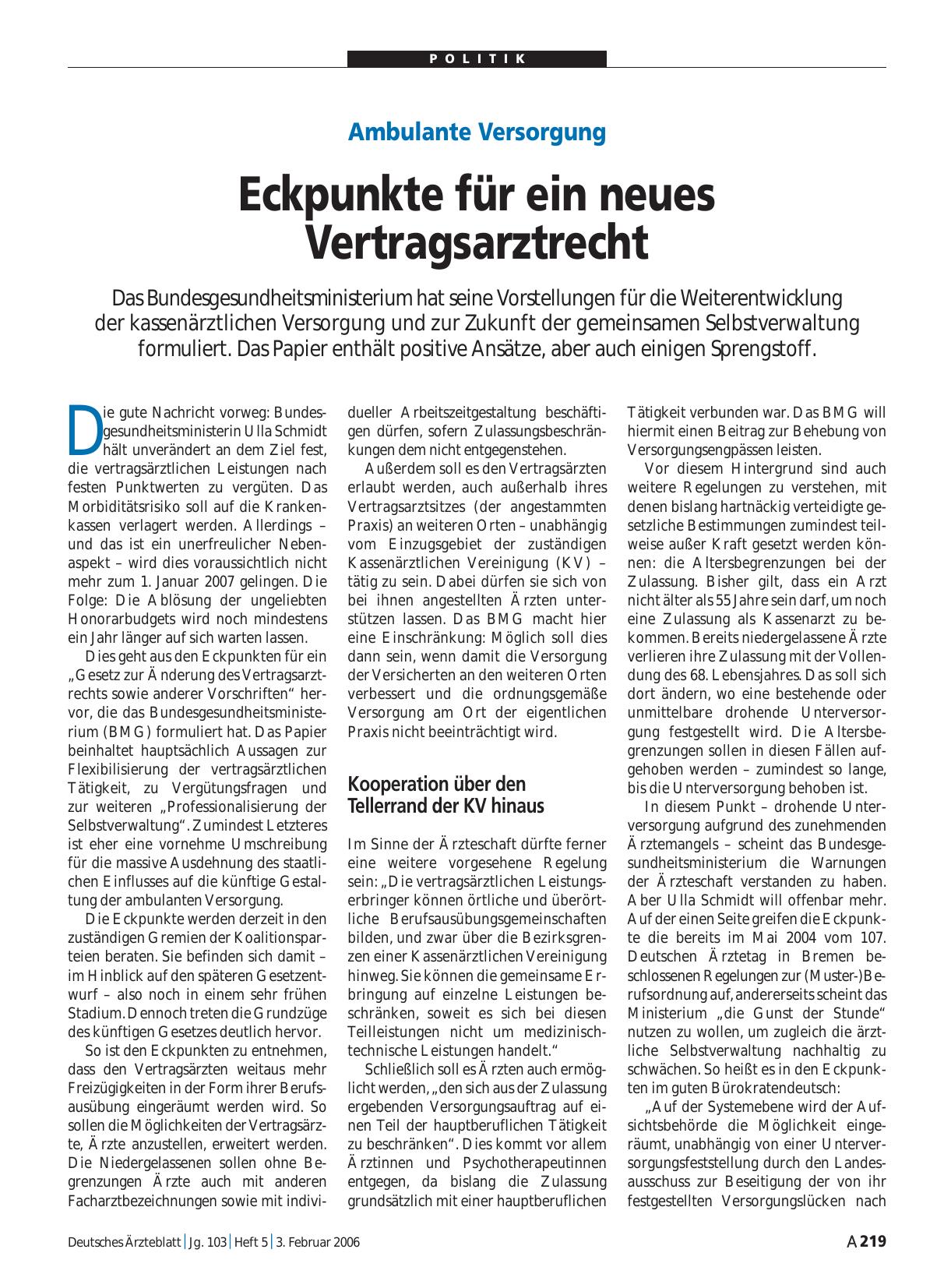 Vorschauseite 1: Ambulante Versorgung: Eckpunkte für ein neues Vertragsarztrecht