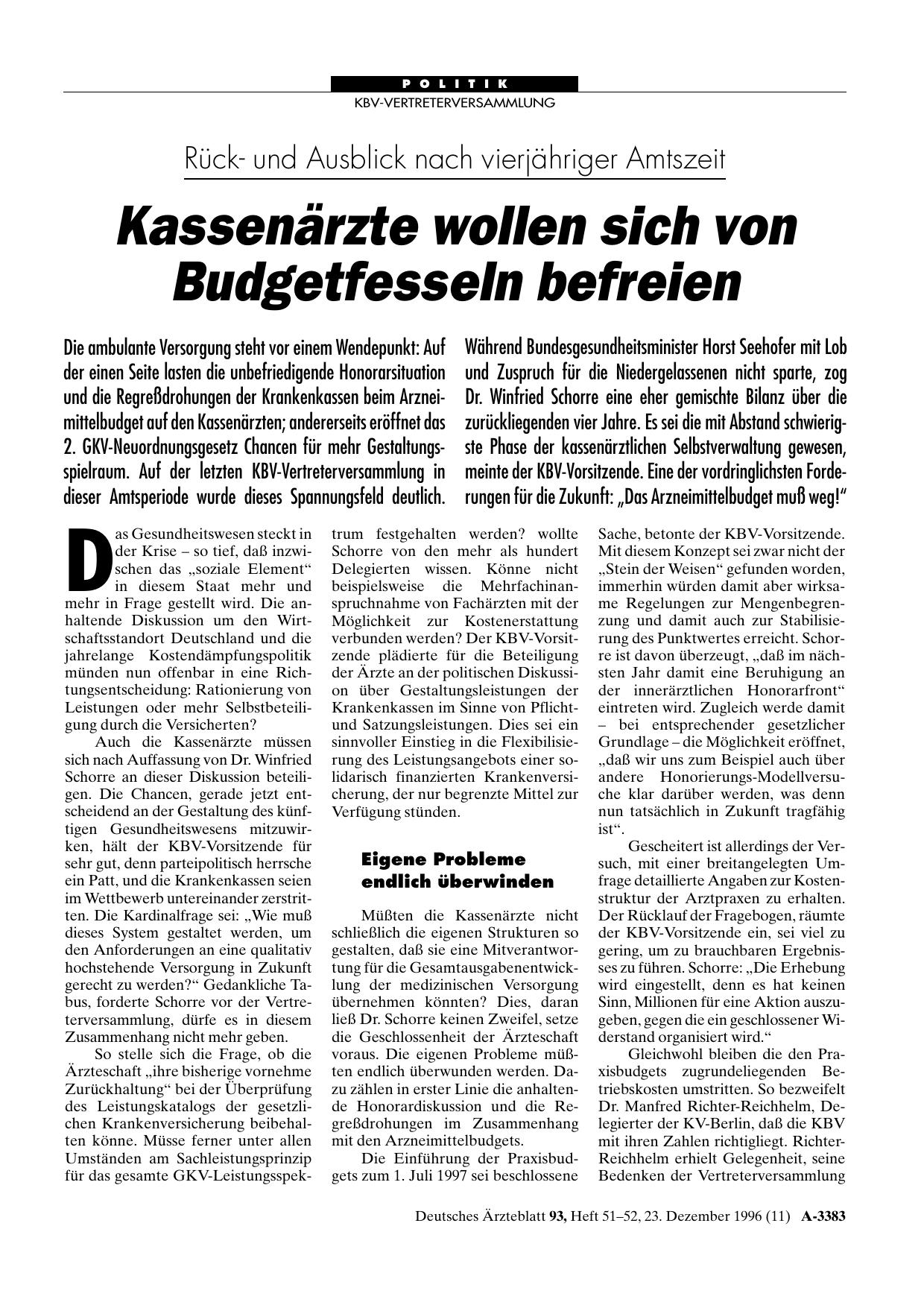 Vorschauseite 1: Rückund Ausblick nach vierjähriger Amtszeit: Kassenärzte wollen sich von Budgetfesseln befreien