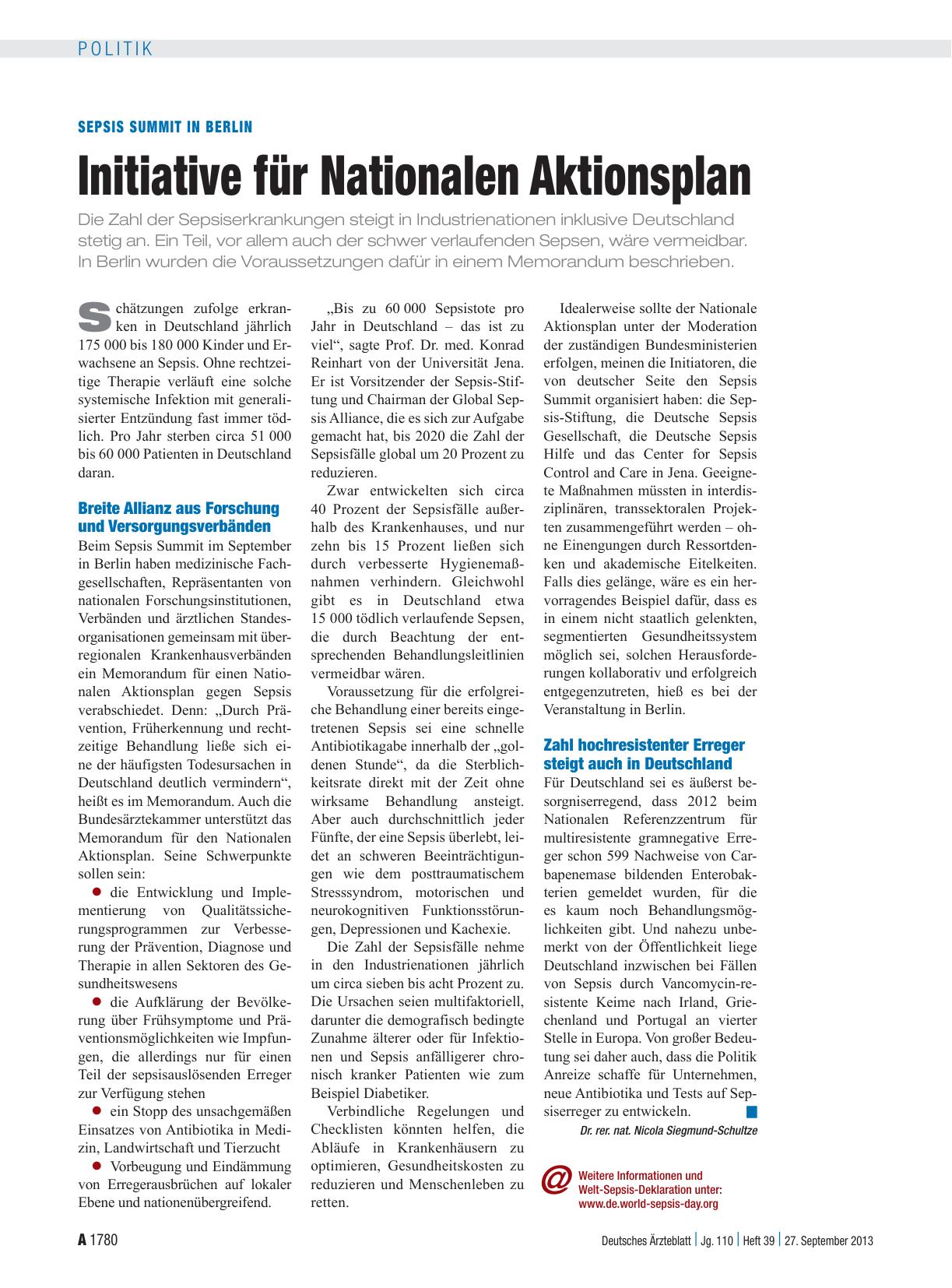 Vorschauseite 1: Sepsis Summit in Berlin: Initiative für Nationalen Aktionsplan