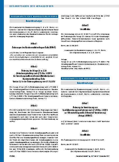 Vorschauseite 1: Artikel 1: Änderung der Vereinbarung von Qualitätssicherungsmaßnahmen nach § 135 Abs. 2 SGB V zur Ultraschalldiagnostik (Ultraschall-Vereinbarung) (Anlage 3 BMV-Ä), Artikel 2 und…