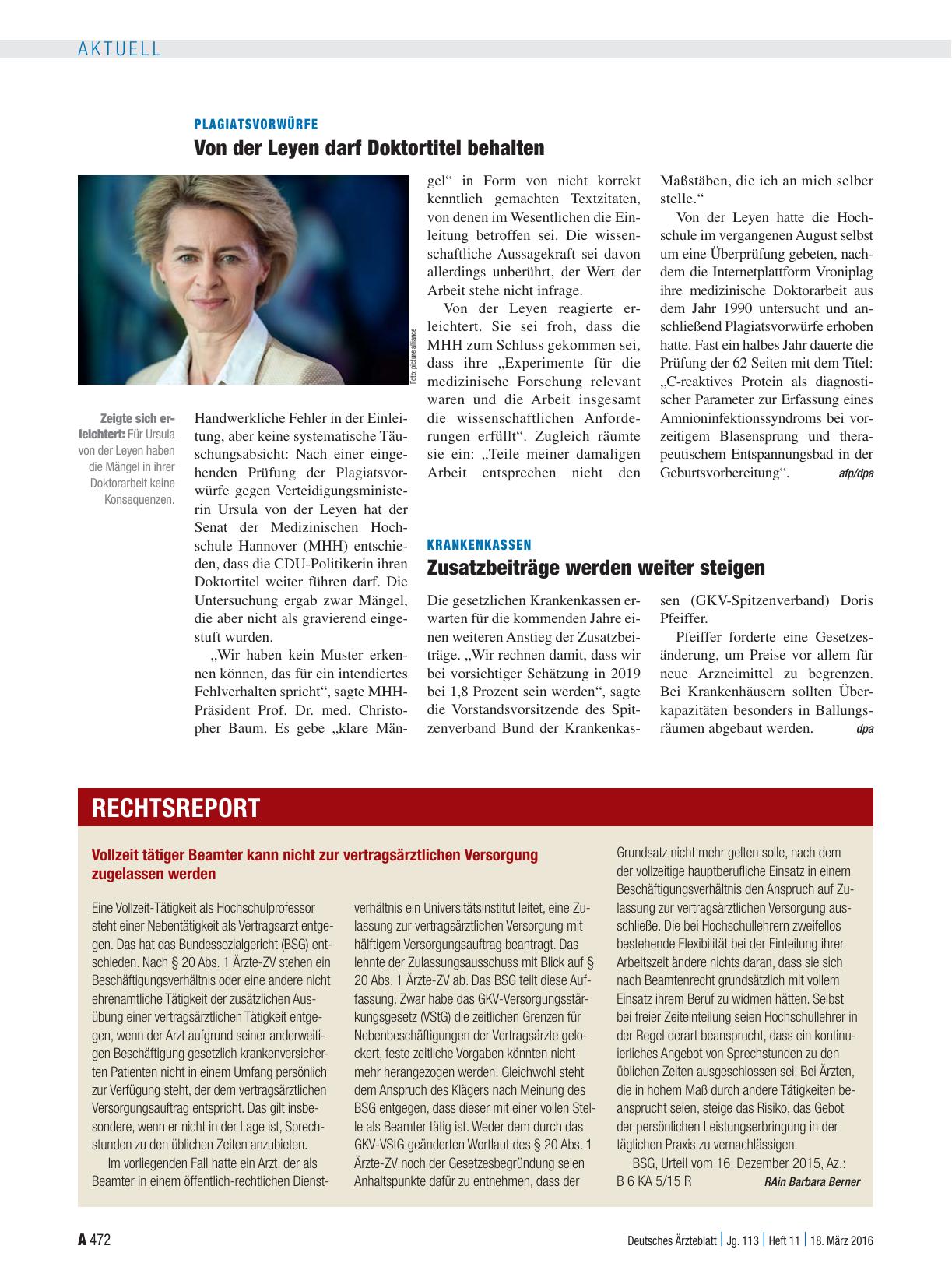Vorschauseite 1: Plagiatsvorwürfe: Von der Leyen darf Doktortitel behalten