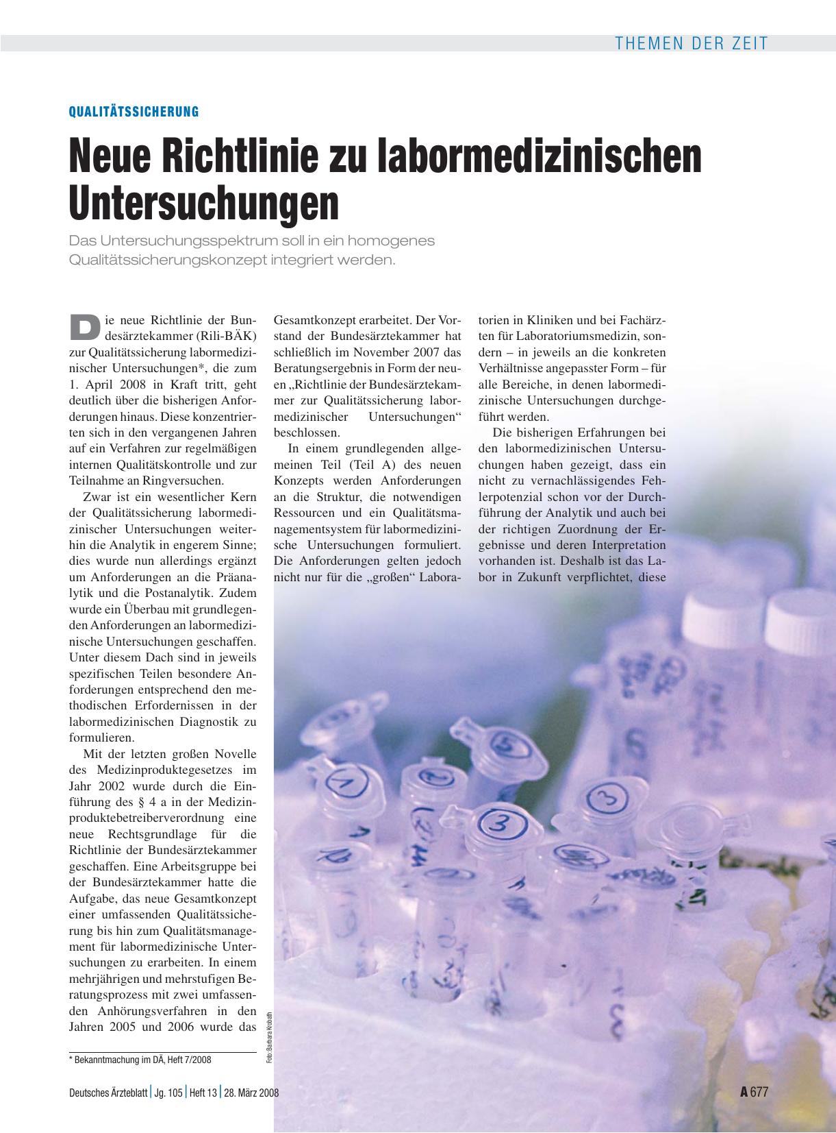 Vorschauseite 1: Qualitätssicherung: Neue Richtlinie zu labormedizinischen Untersuchungen