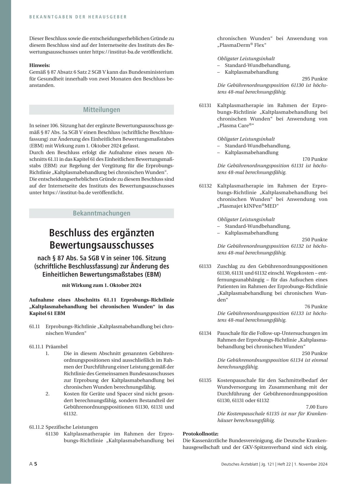 Vorschauseite 1: Beschluss des ergänzten Bewertungsausschusses nach § 87 Abs. 5a SGB V in seiner 106. Sitzung (schriftliche Beschlussfassung) zur Änderung des Einheitlichen Bewertungsmaßstabes (EB…