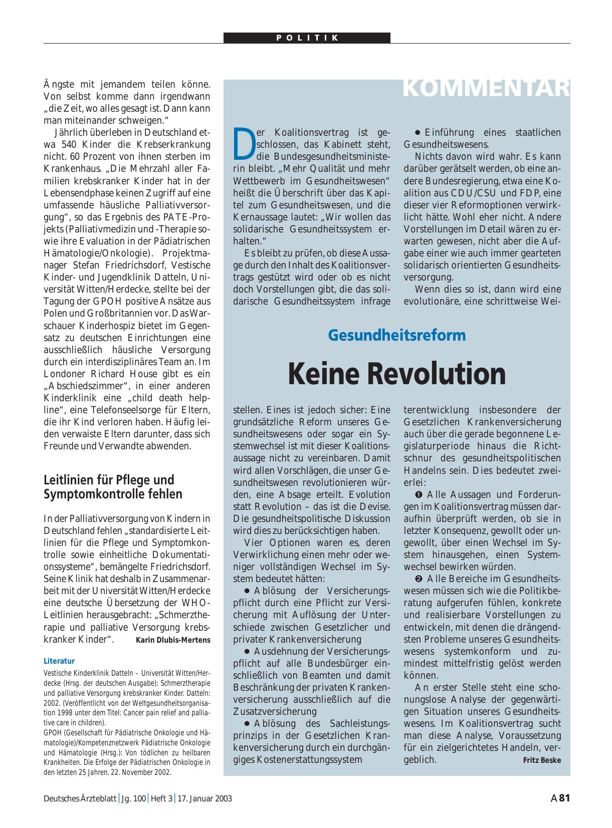 Vorschauseite 1: Gesundheitsreform: Keine Revolution