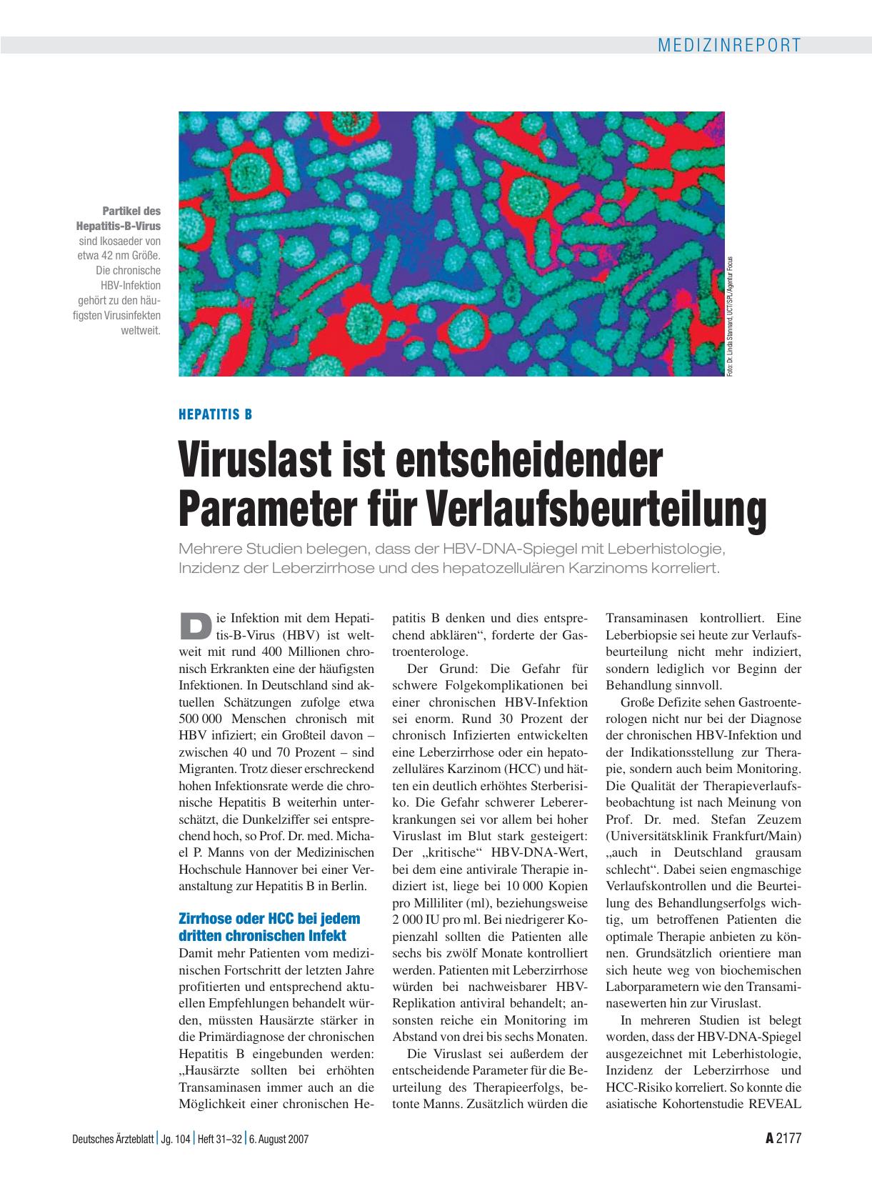 Vorschauseite 1: Hepatitis B: Viruslast ist entscheidender Parameter für Verlaufsbeurteilung