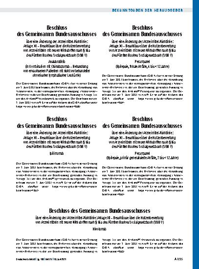 Vorschauseite 1: Beschluss des Gemeinsamen Bundesausschusses über eine Änderung der Arzneimittel-Richtlinie: Anlage XII – Acalabrutinib (in Kombination mit Obinutuzumab – Behandlung von erwachsene…