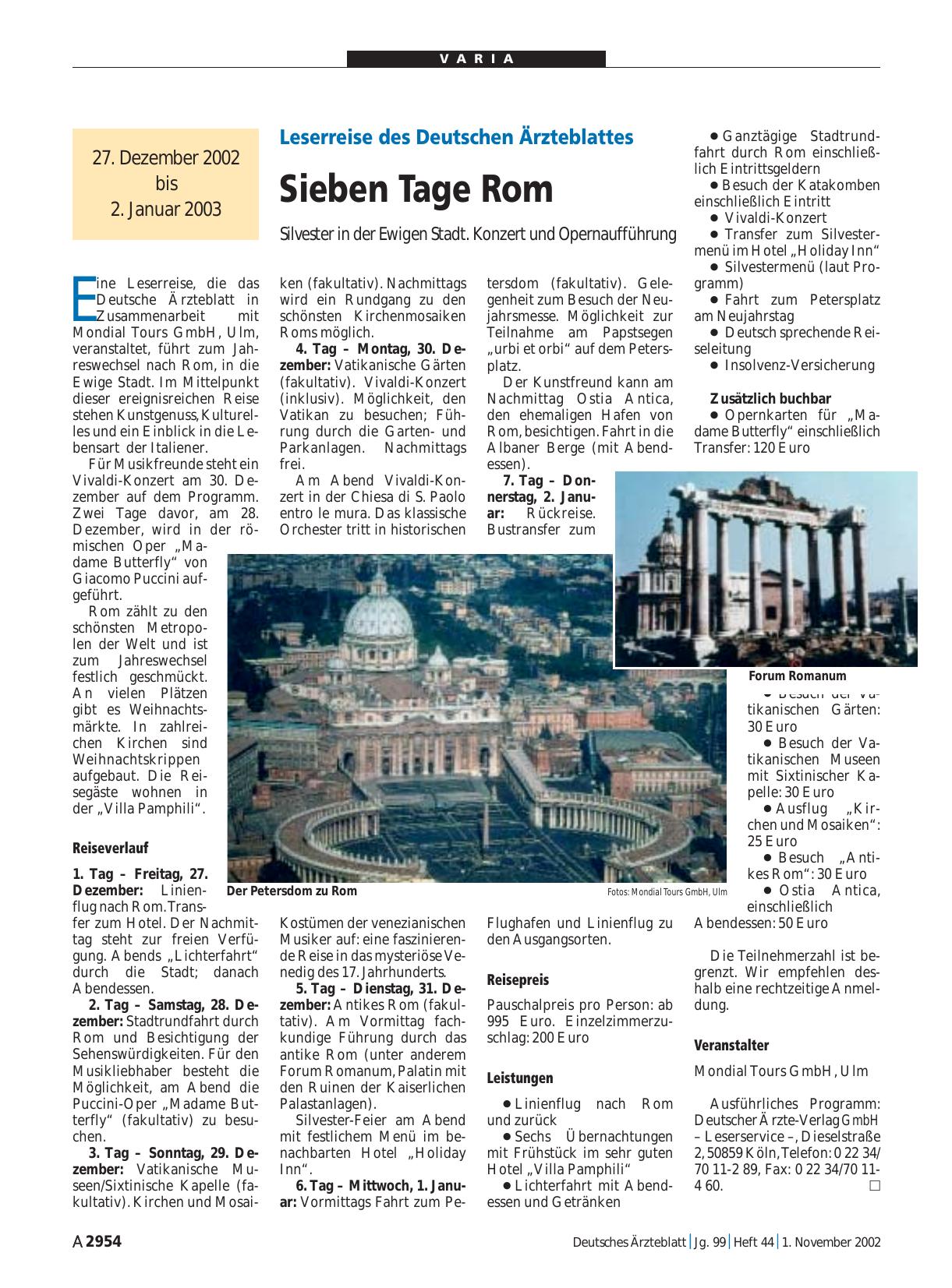 Vorschauseite 1: Leserreise des Deutschen Ärzteblattes: Sieben Tage Rom