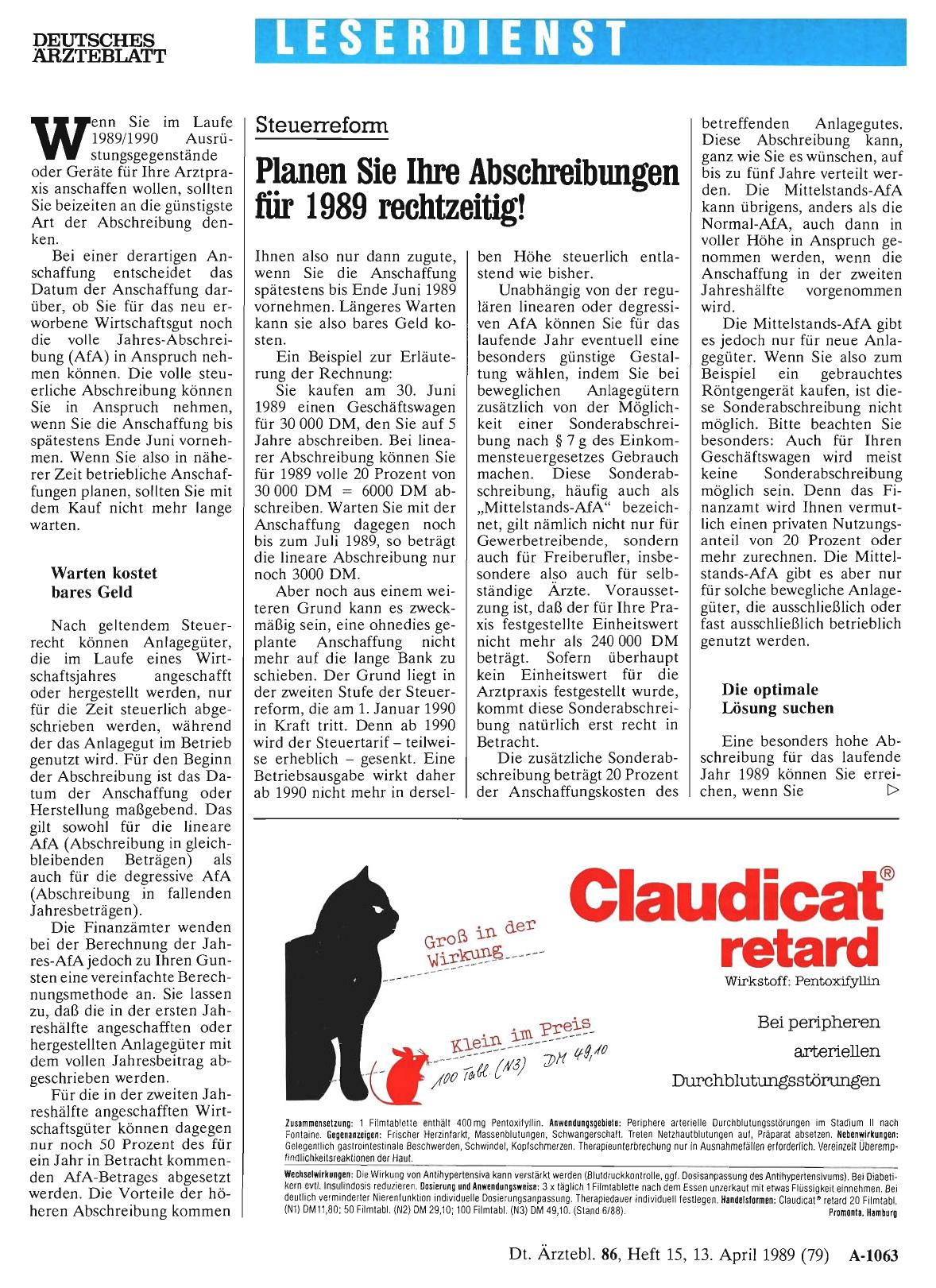 Vorschauseite 1: Steuerreform: Planen Sie Ihre Abschreibungen für 1989 rechtzeitig!