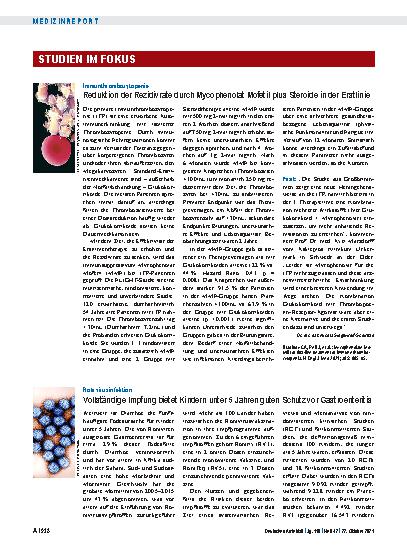 Vorschauseite 1: Immunthrombozytopenie: Reduktion der Rezidivrate durch Mycophenolat Mofetil plus Steroide in der Erstlinie