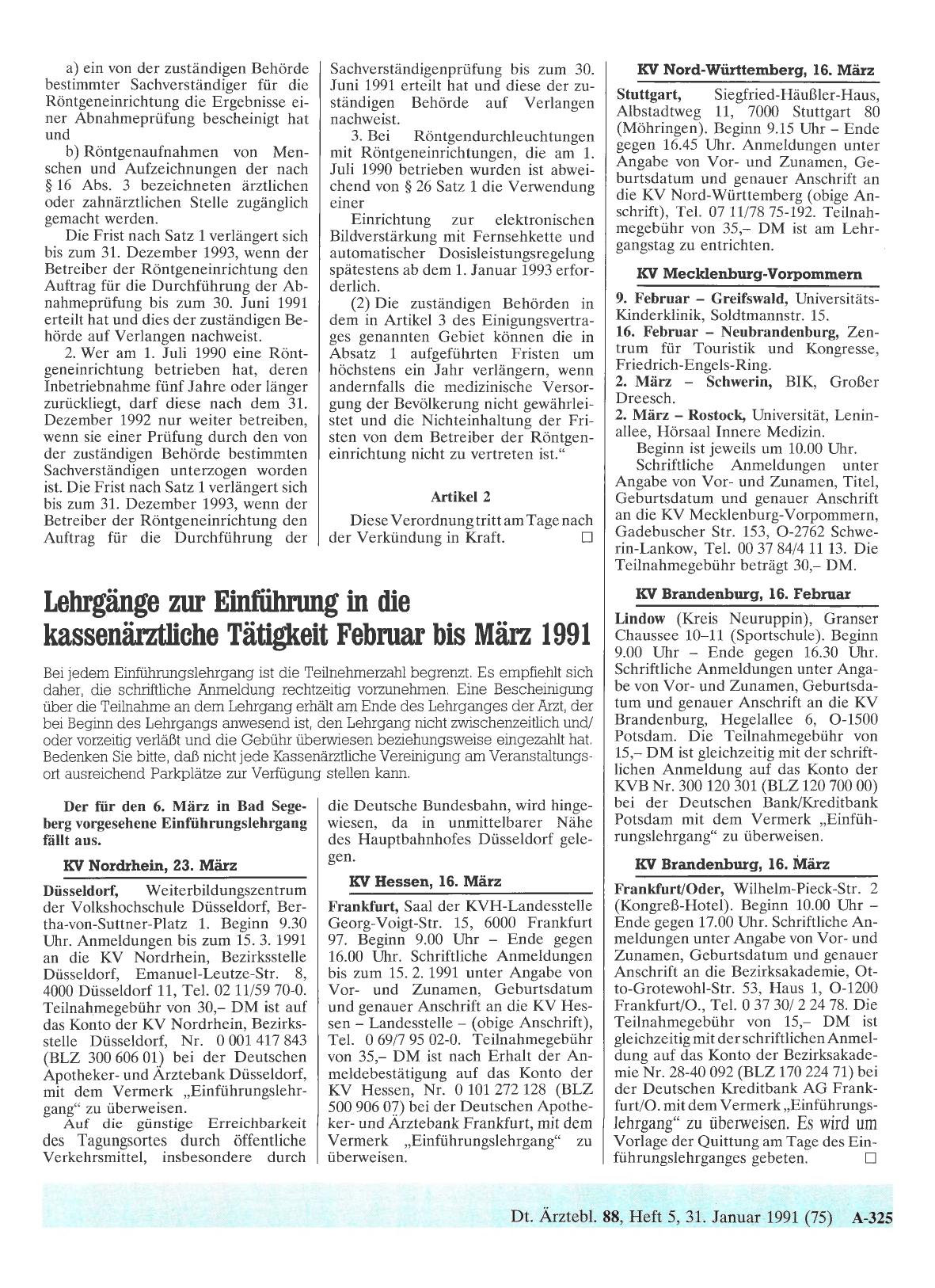 Vorschauseite 1: Lehrgänge zur Einführung in die kassenärztliche Tätigkeit Februar bis März 1991