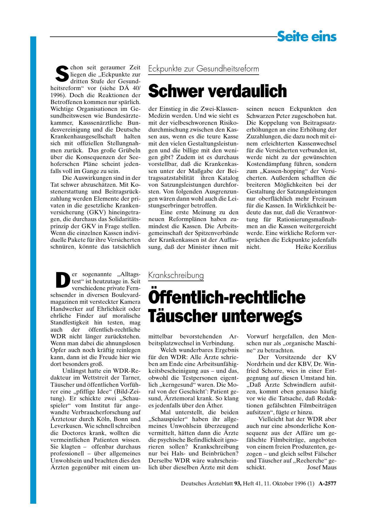Vorschauseite 1: Eckpunkte zur Gesundheitsreform: Schwer verdaulich