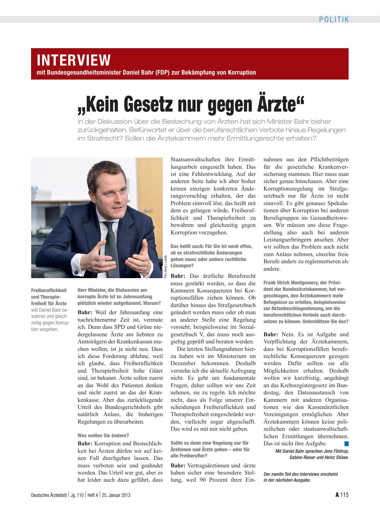 Vorschauseite 1: Interview mit Bundesgesundheitsminister Daniel Bahr (FDP) zur Bekämpfung von Korruption: „Kein Gesetz nur gegen Ärzte“