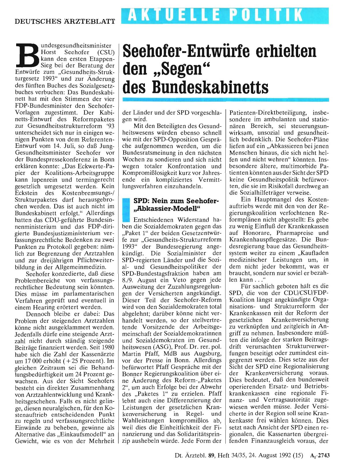 Vorschauseite 1: Seehofer-Entwürfe erhielten den „Segen“ des Bundeskabinetts