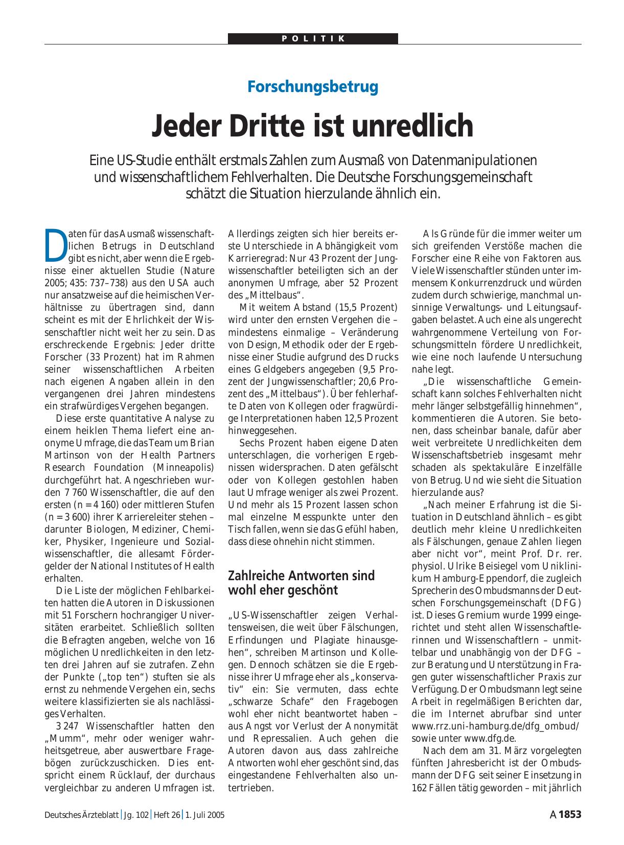 Vorschauseite 1: Forschungsbetrug: Jeder Dritte ist unredlich