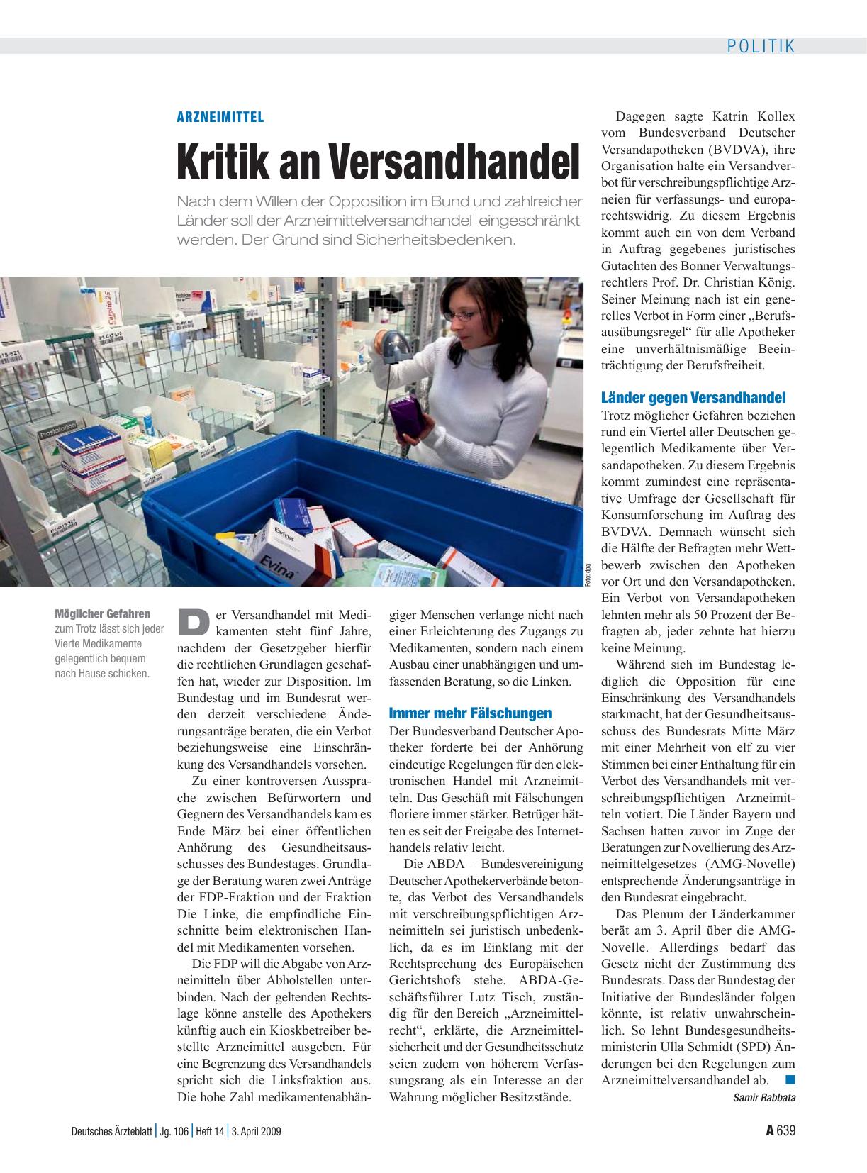 Vorschauseite 1: Arzneimittel: Kritik an Versandhandel