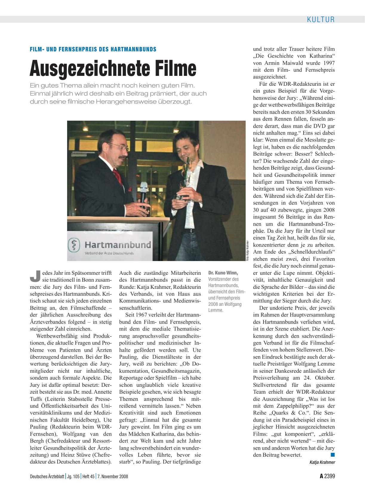 Vorschauseite 1: Filmund Fernsehpreis des Hartmannbunds: Ausgezeichnete Filme
