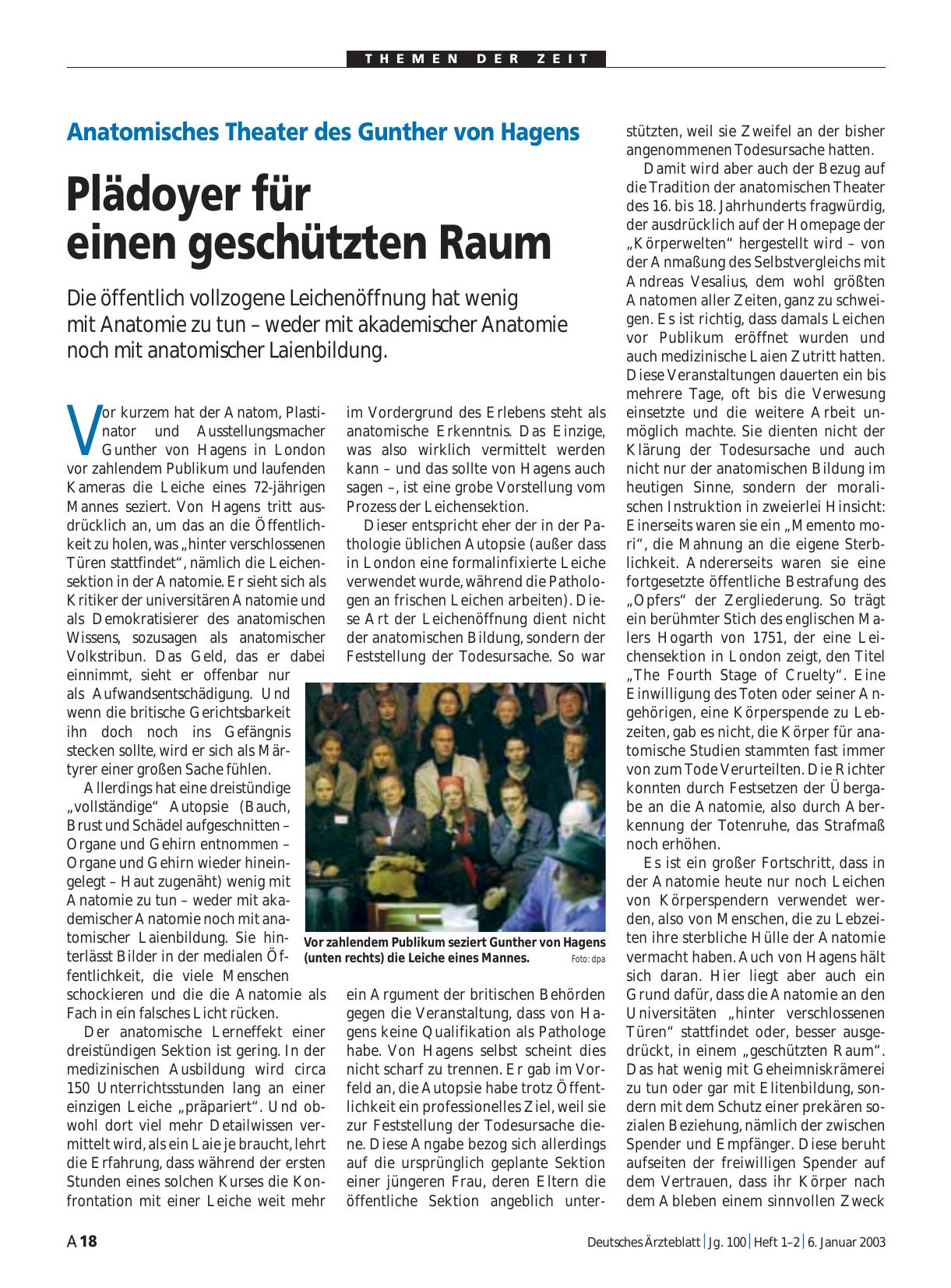 Vorschauseite 1: Anatomisches Theater des Gunther von Hagens: Plädoyer für einen geschützten Raum