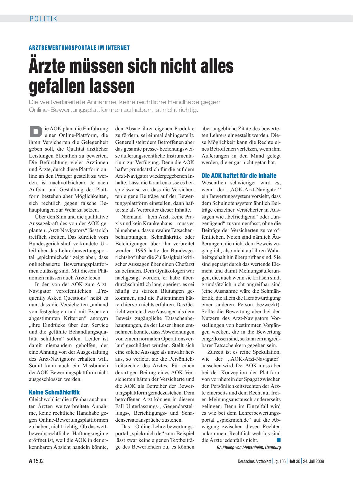 Vorschauseite 1: Arztbewertungsportale im Internet: Ärzte müssen sich nicht alles gefallen lassen
