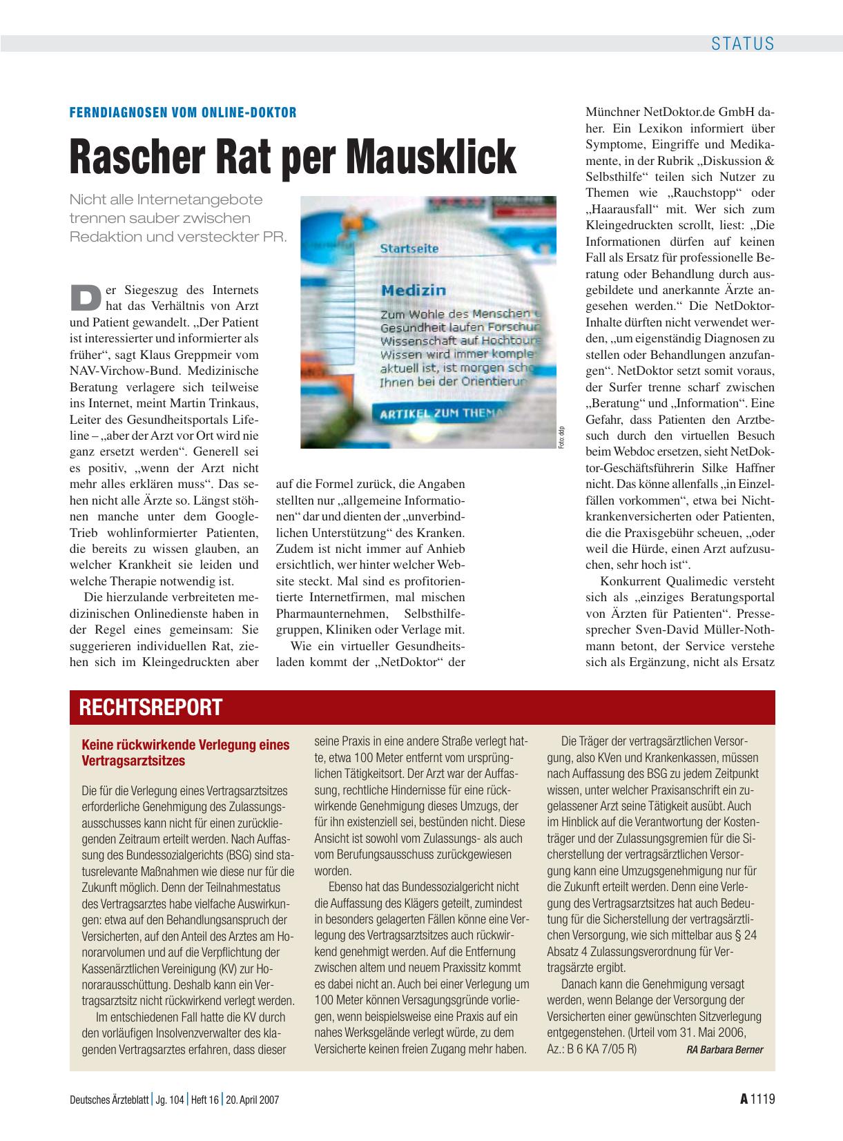 Vorschauseite 1: Keine rückwirkende Verlegung eines Vertragsarztsitzes