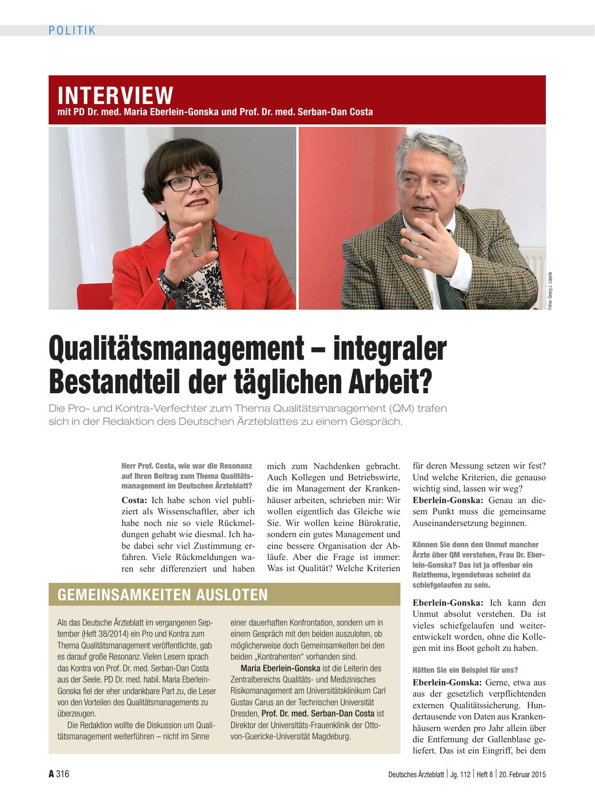 Vorschauseite 1: Interview mit PD Dr. med. Maria Eberlein-Gonska und Prof. Dr. med. Serban-Dan Costa: Qualitätsmanagement – integraler Bestandteil der täglichen Arbeit?