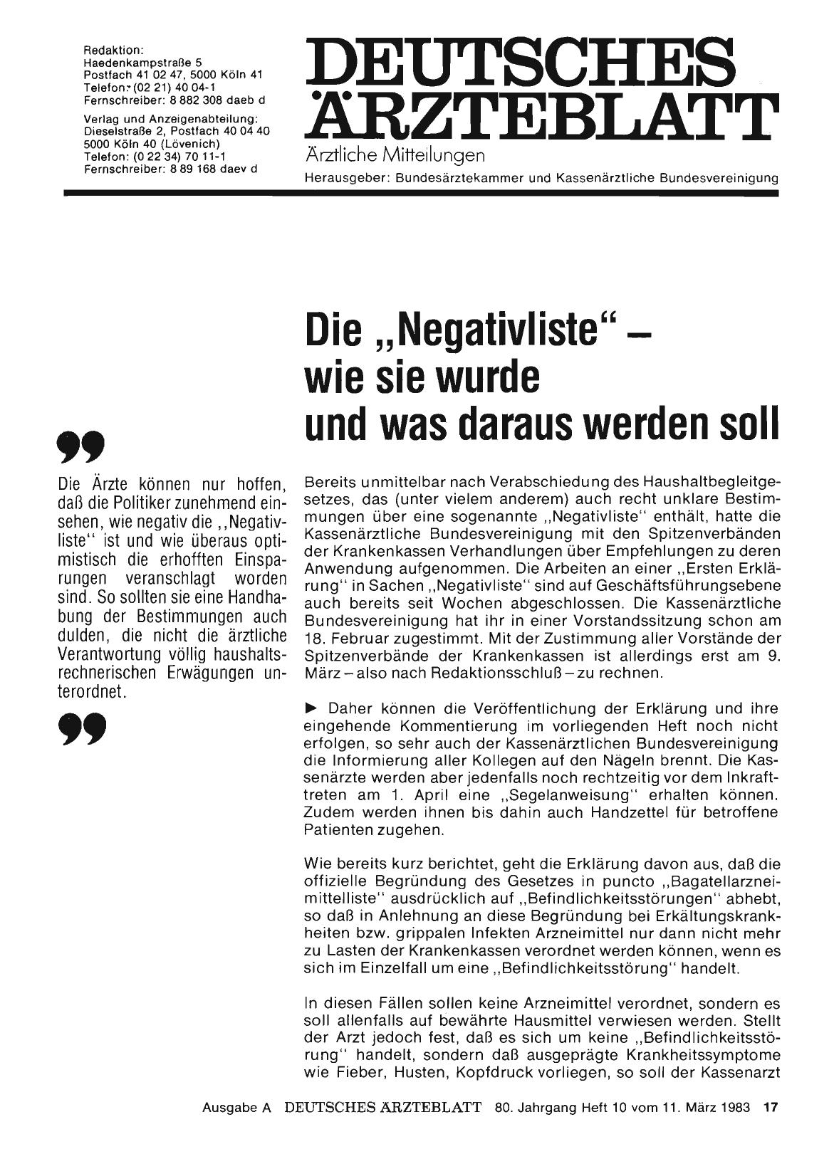 Vorschauseite 1: Die, ,Negativliste“ — wie sie wurde und was daraus werden soll