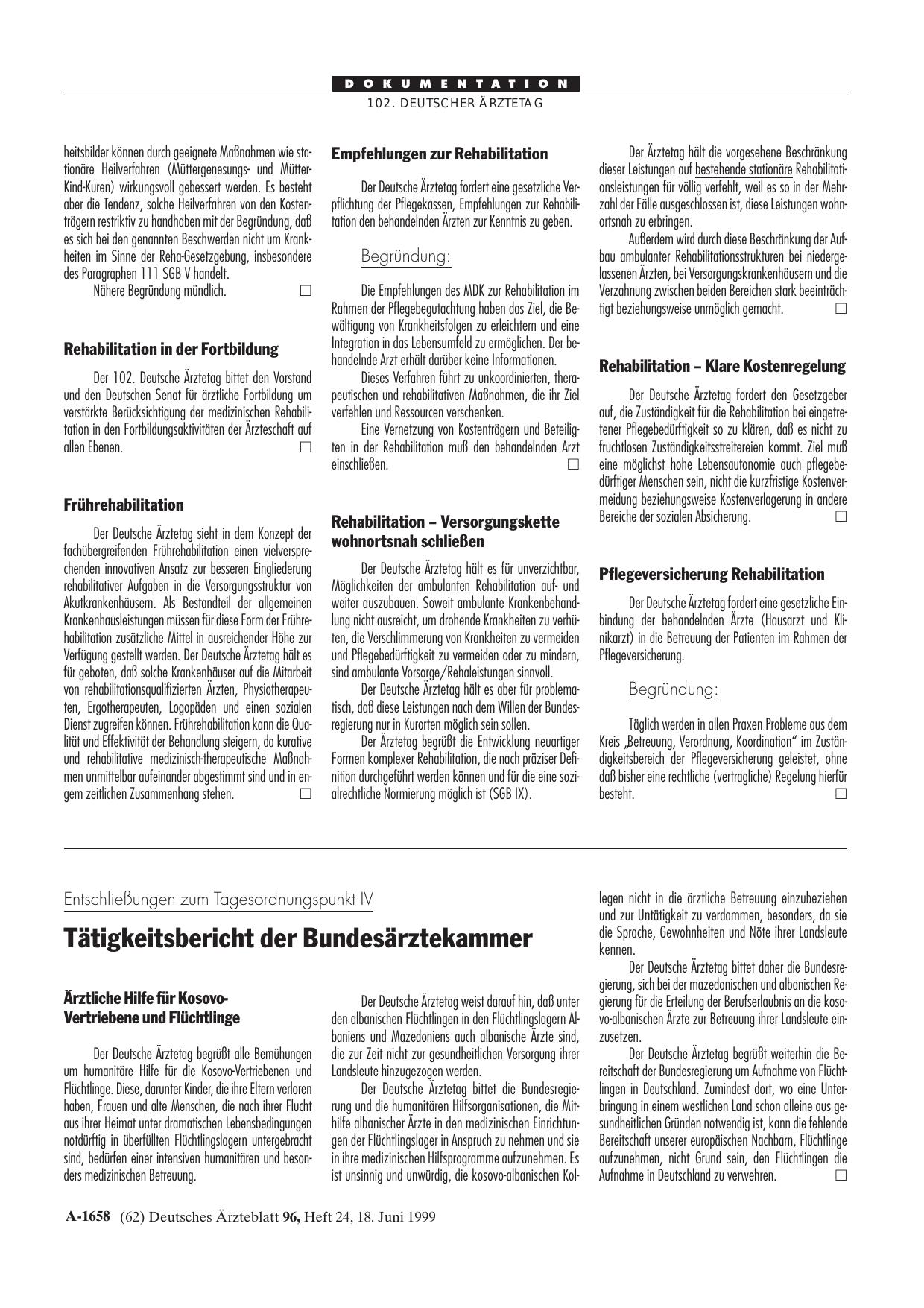 Vorschauseite 1: Entschließungen zum Tagesordnungspunkt IV: Tätigkeitsbericht der Bundesärztekammer