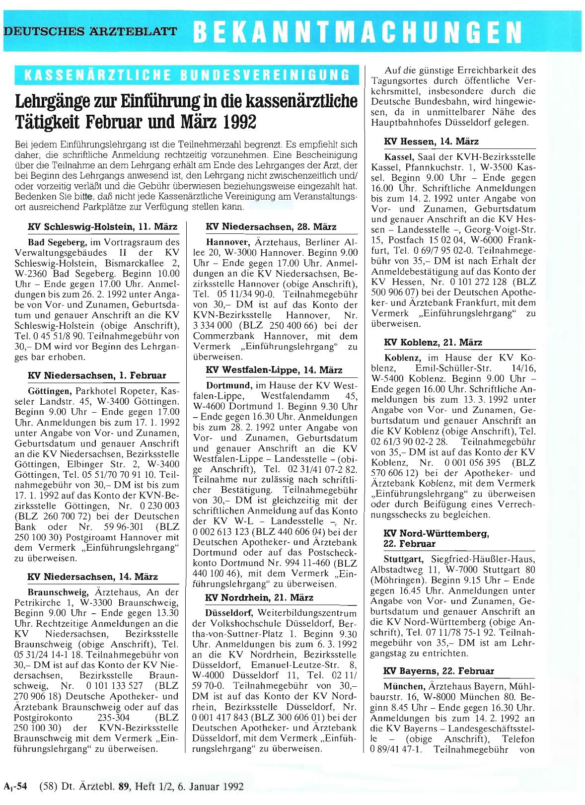Vorschauseite 1: Lehrgänge zur Einführung in die kassenärztliche Tätigkeit Februar und März 1992