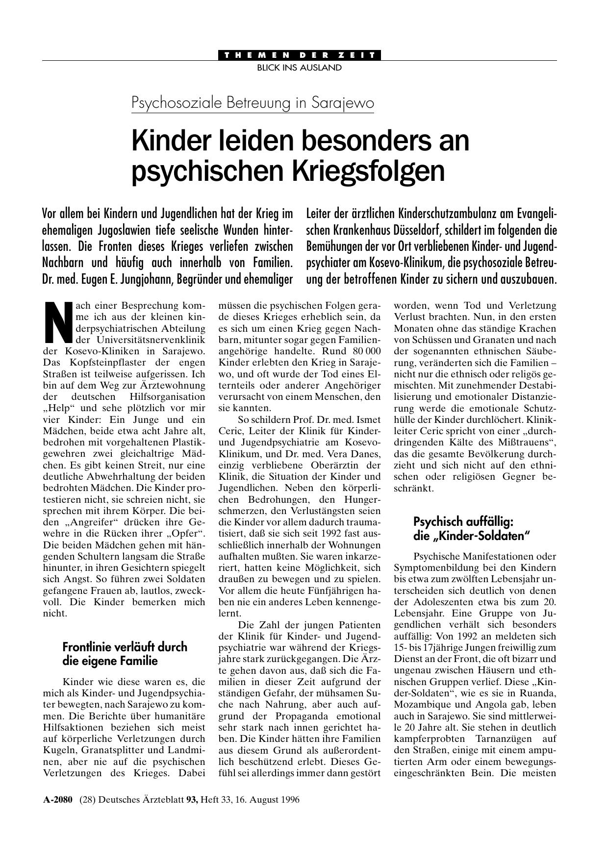 Vorschauseite 1: Psychosoziale Betreuung in Sarajewo: Kinder leiden besonders an psychischen Kriegsfolgen